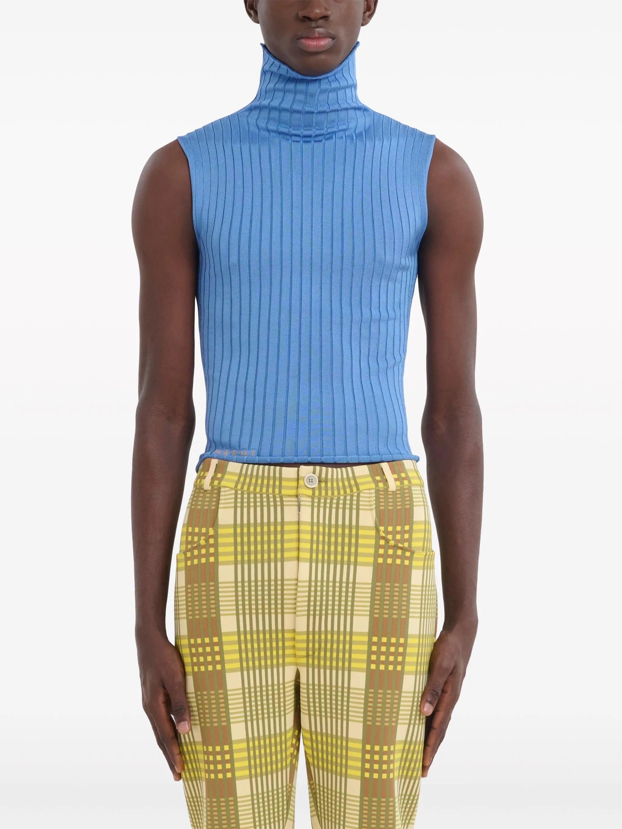 high-neck ribbed-knit tank top