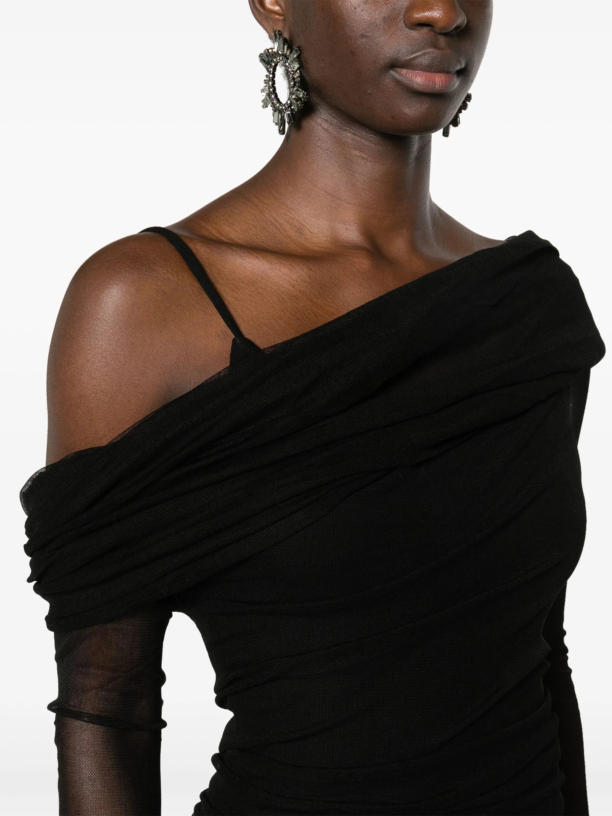 off-shoulder tulle midi dress