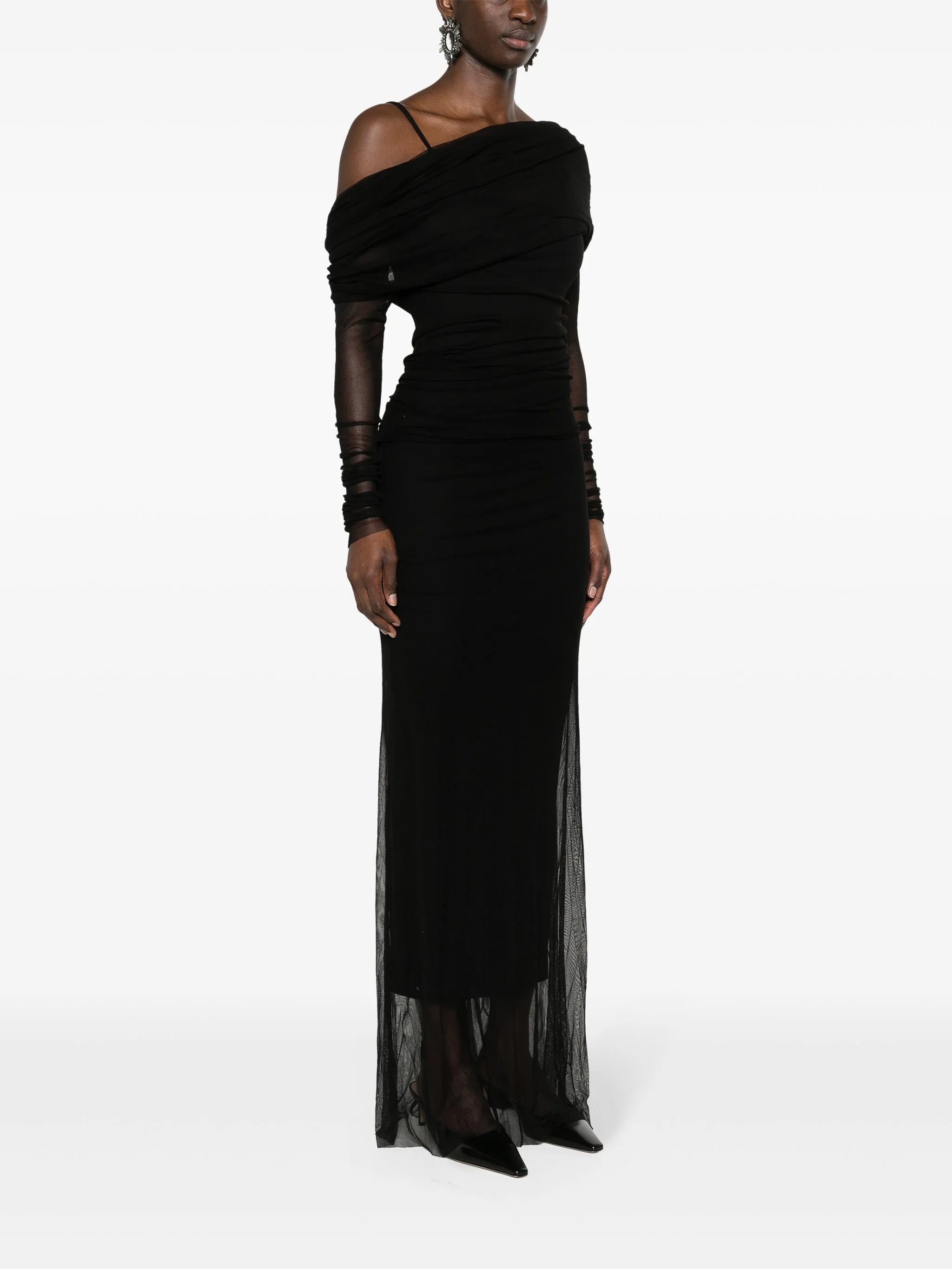 off-shoulder tulle midi dress
