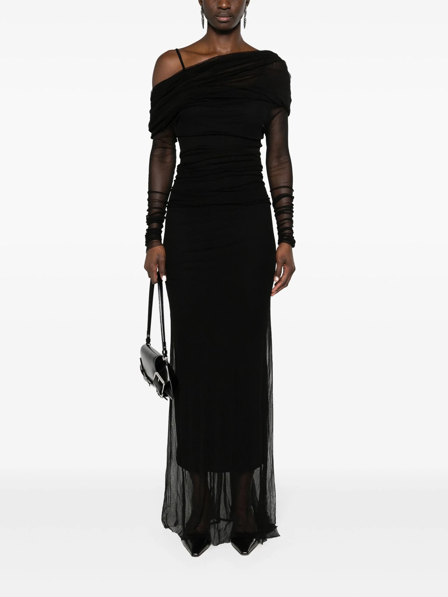 off-shoulder tulle midi dress