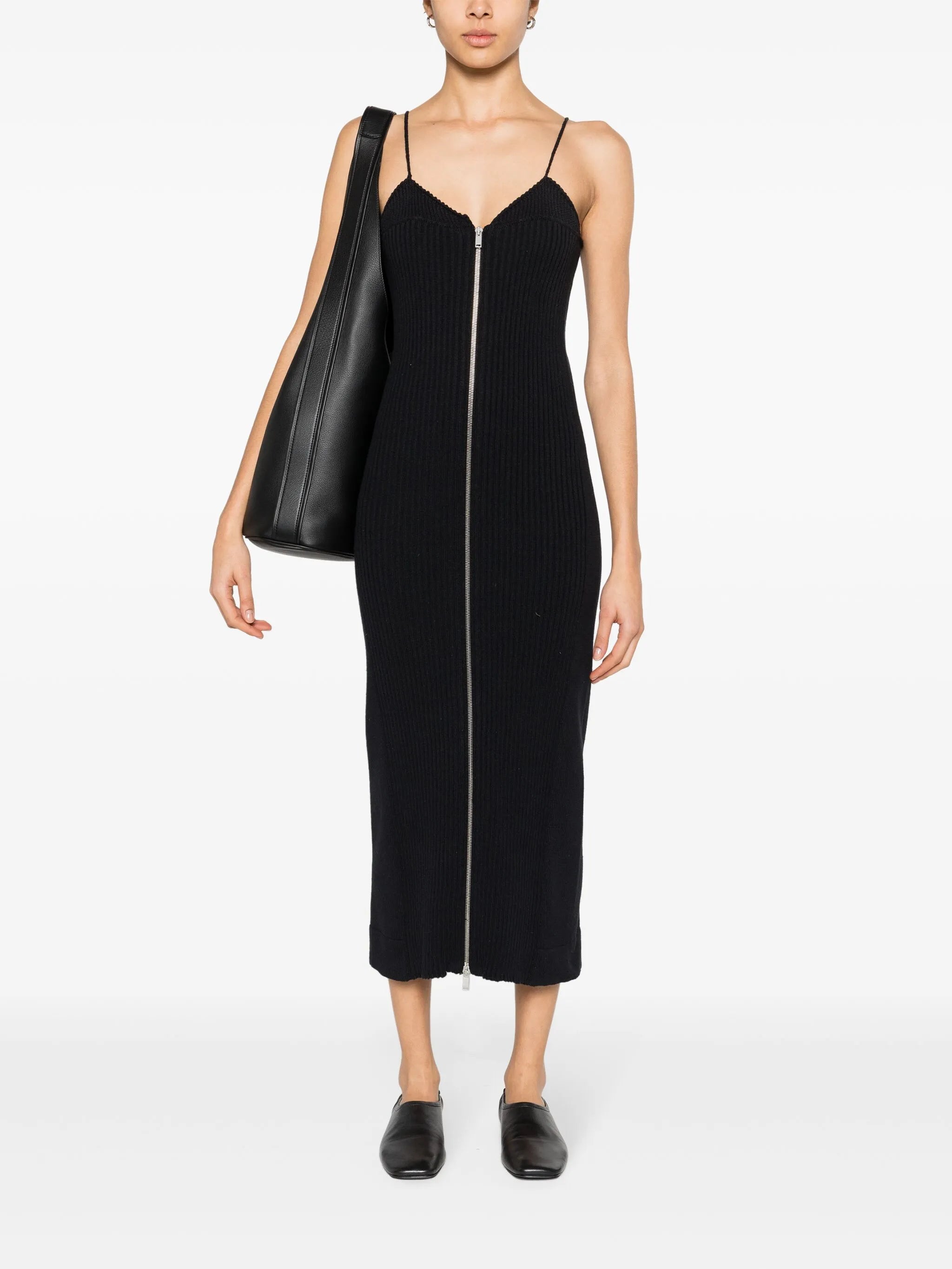zip-up ribbed midi dress