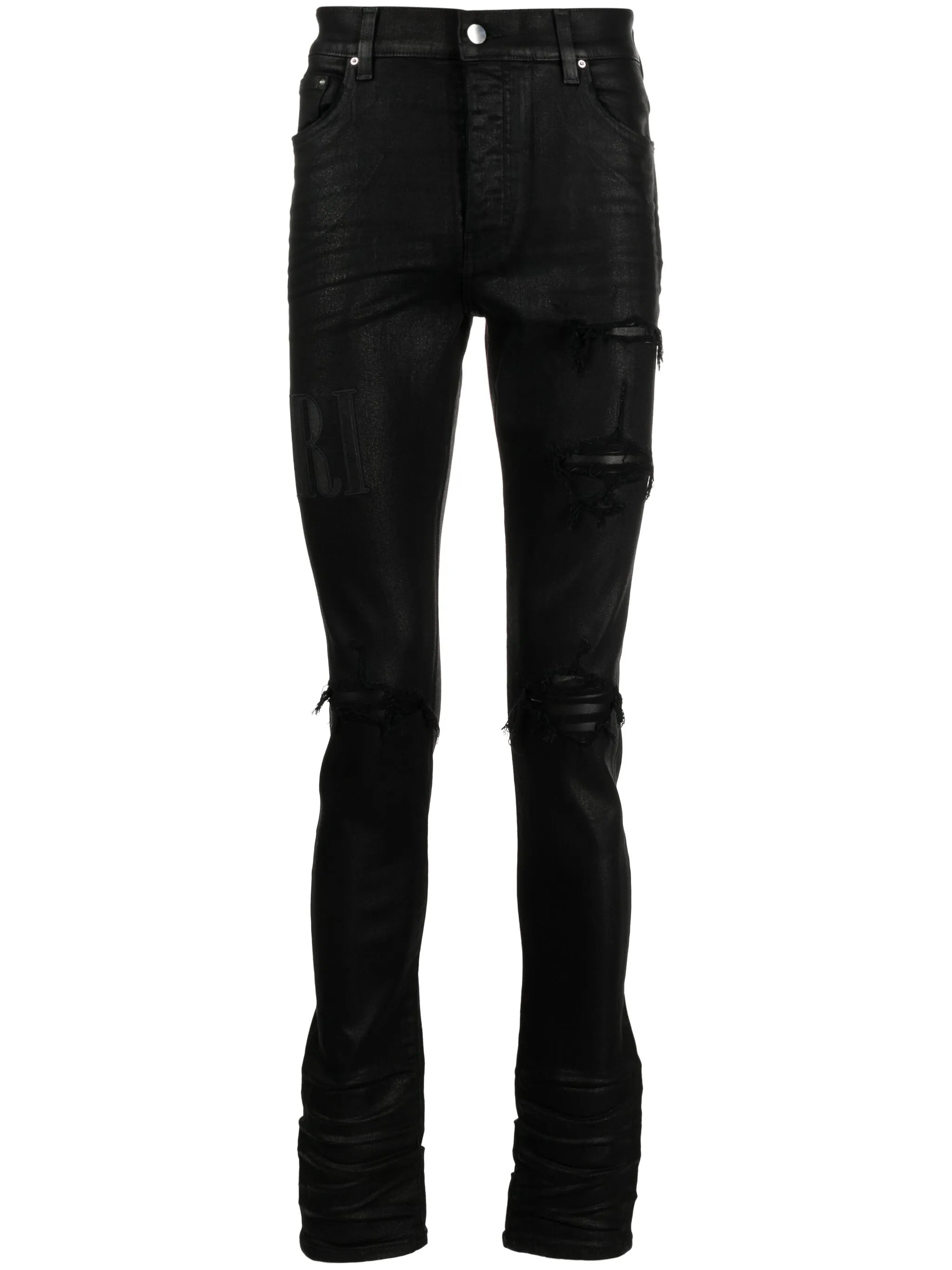 logo-embroidered distressed slim-cut jeans