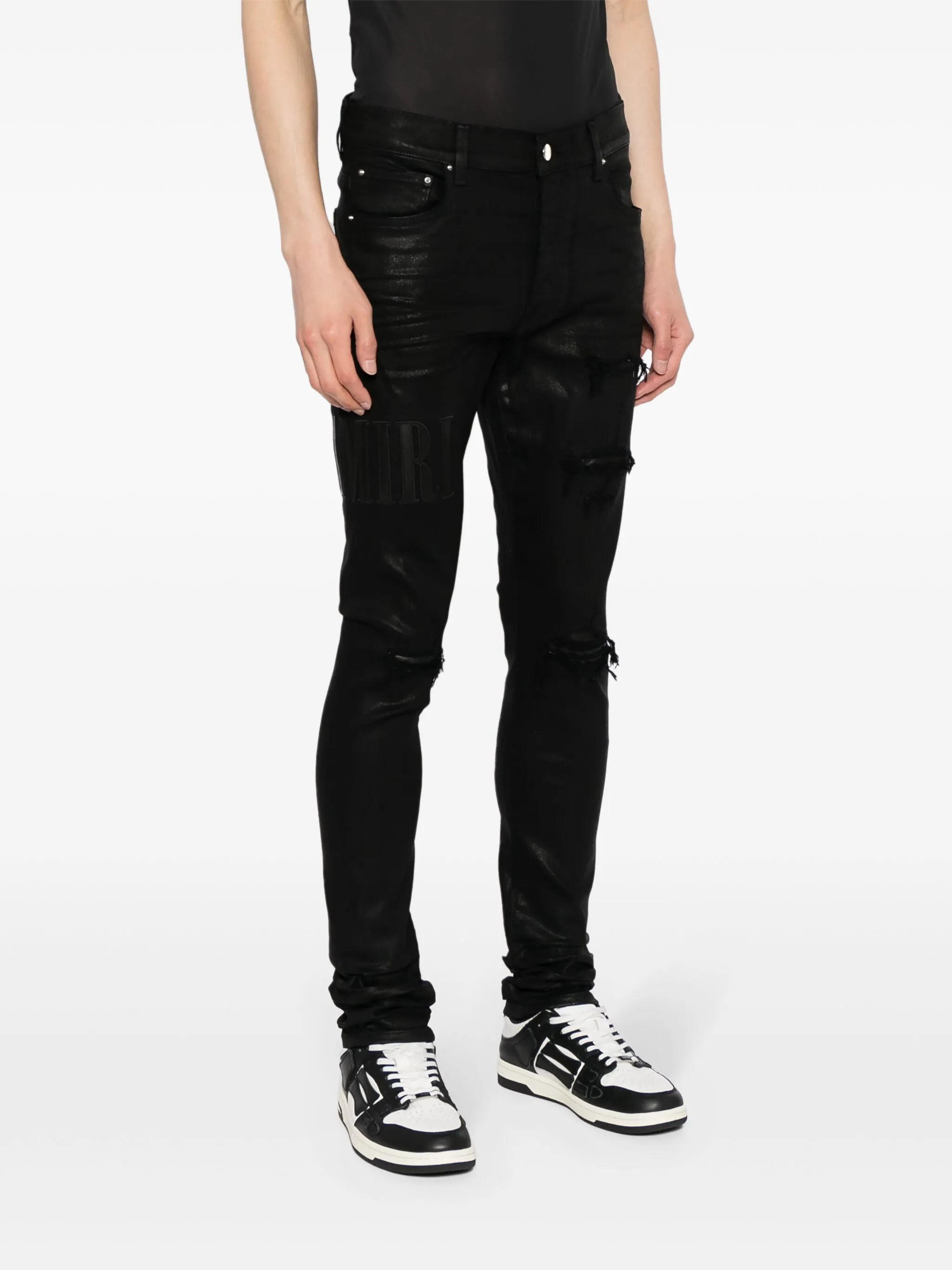 logo-embroidered distressed slim-cut jeans
