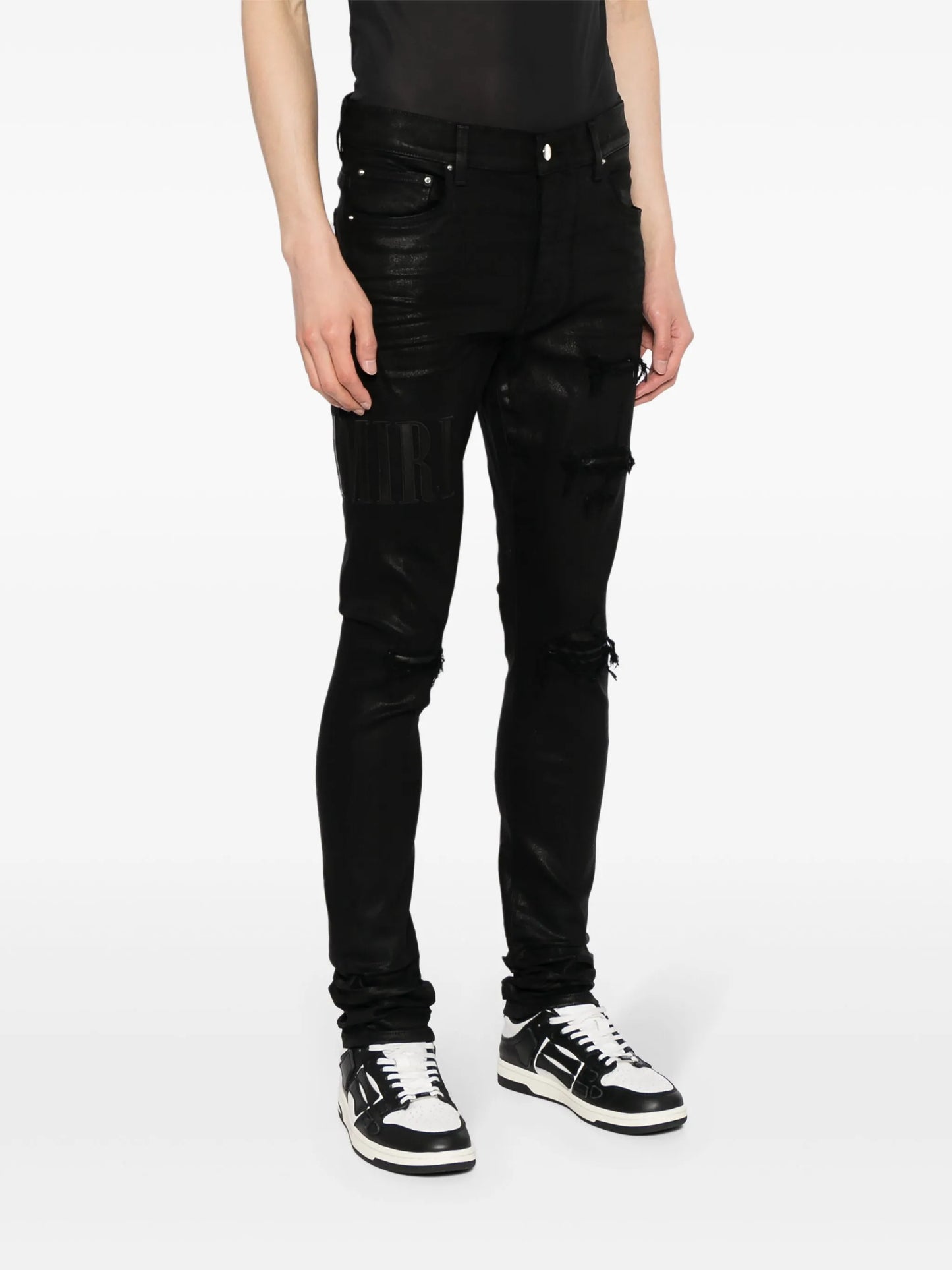 logo-embroidered distressed slim-cut jeans