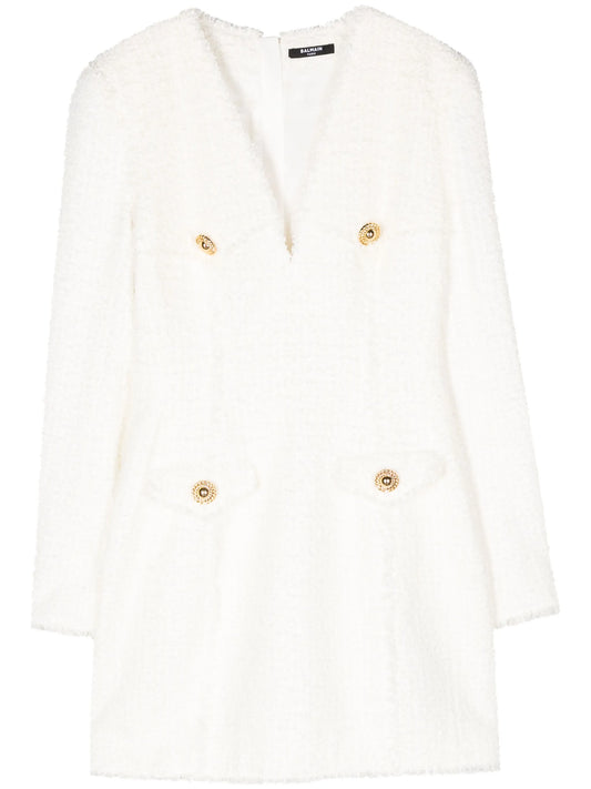 button-embellished tweed minidress