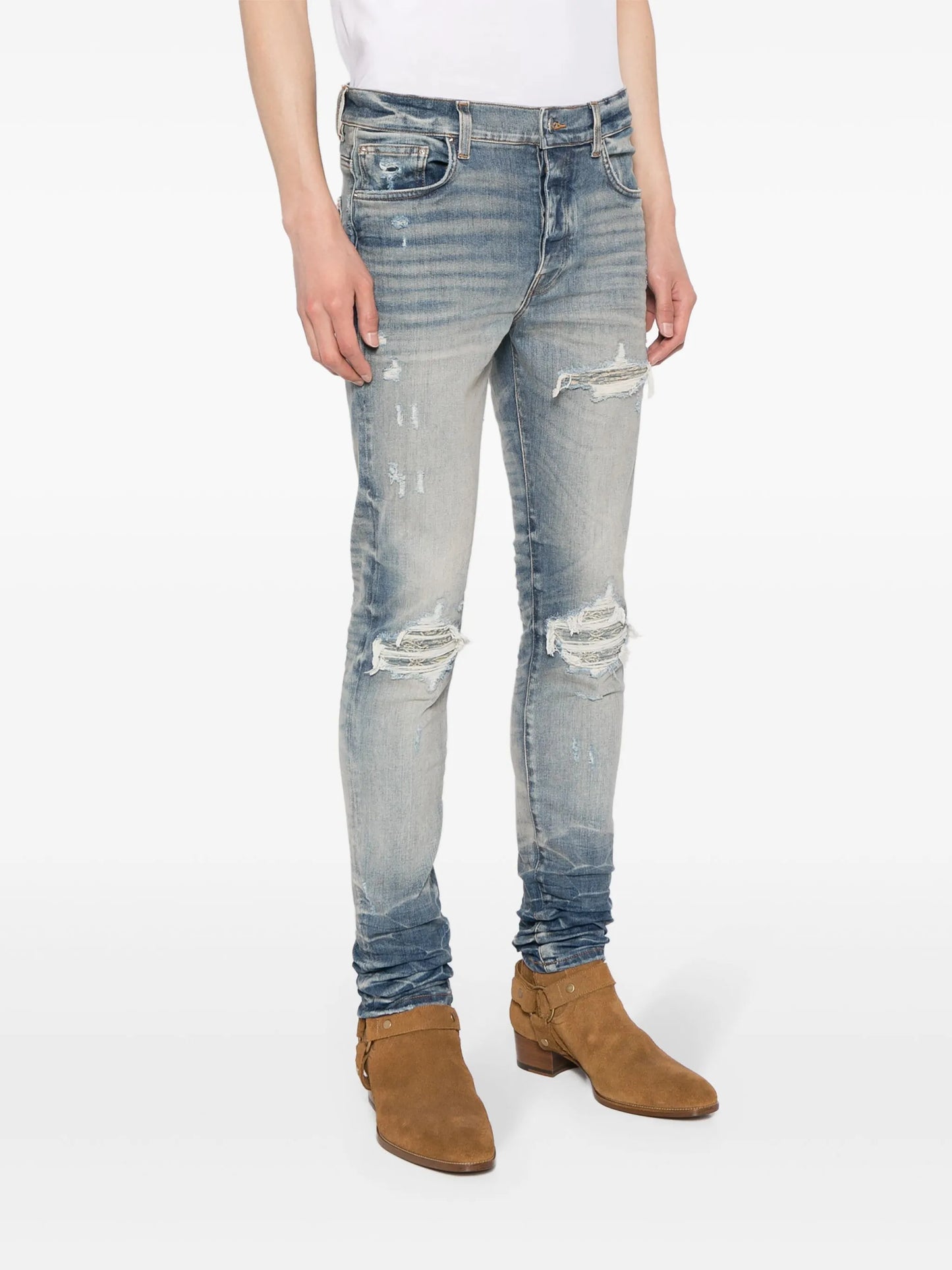 distressed slim-cut jeans
