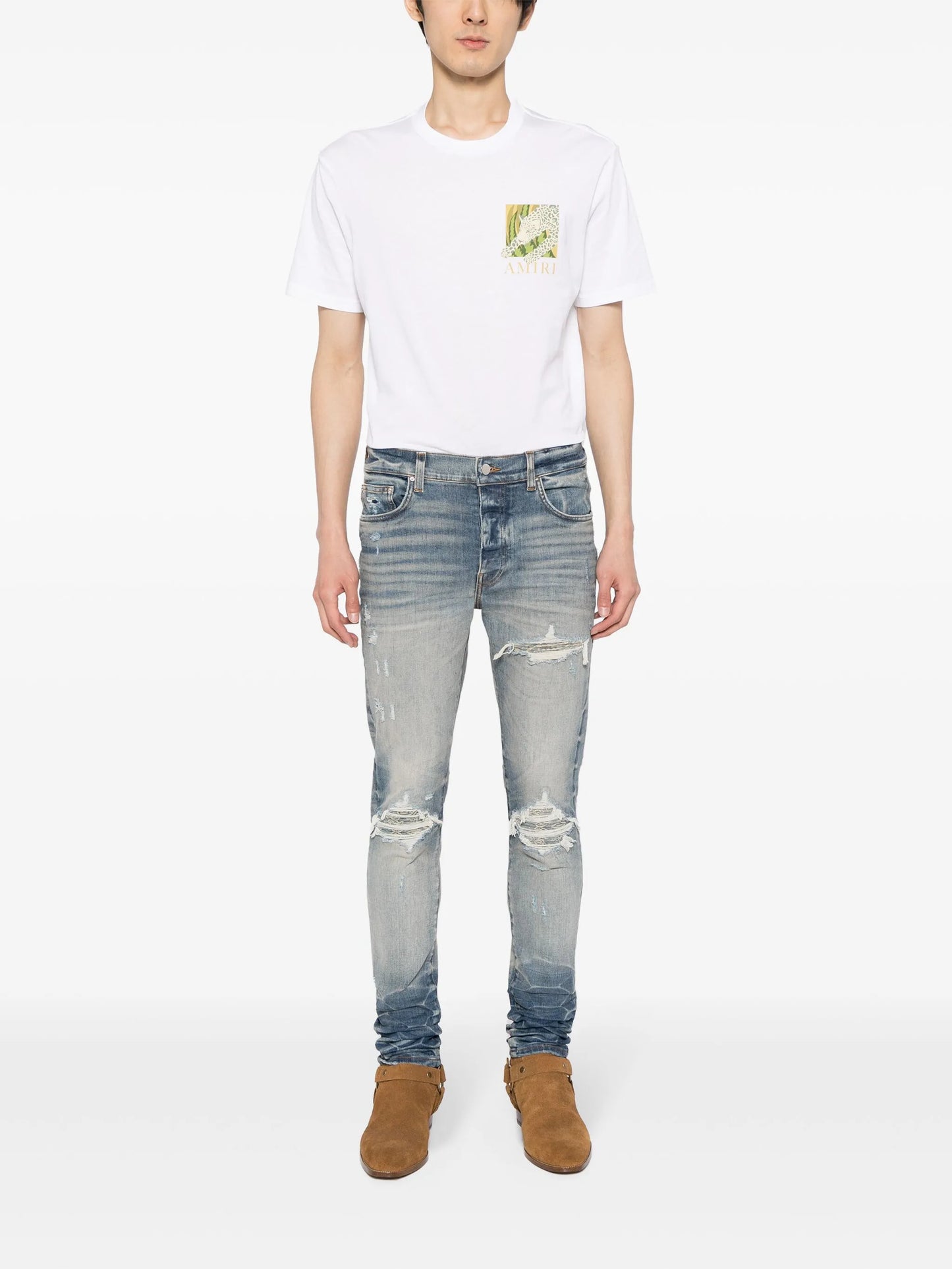 distressed slim-cut jeans