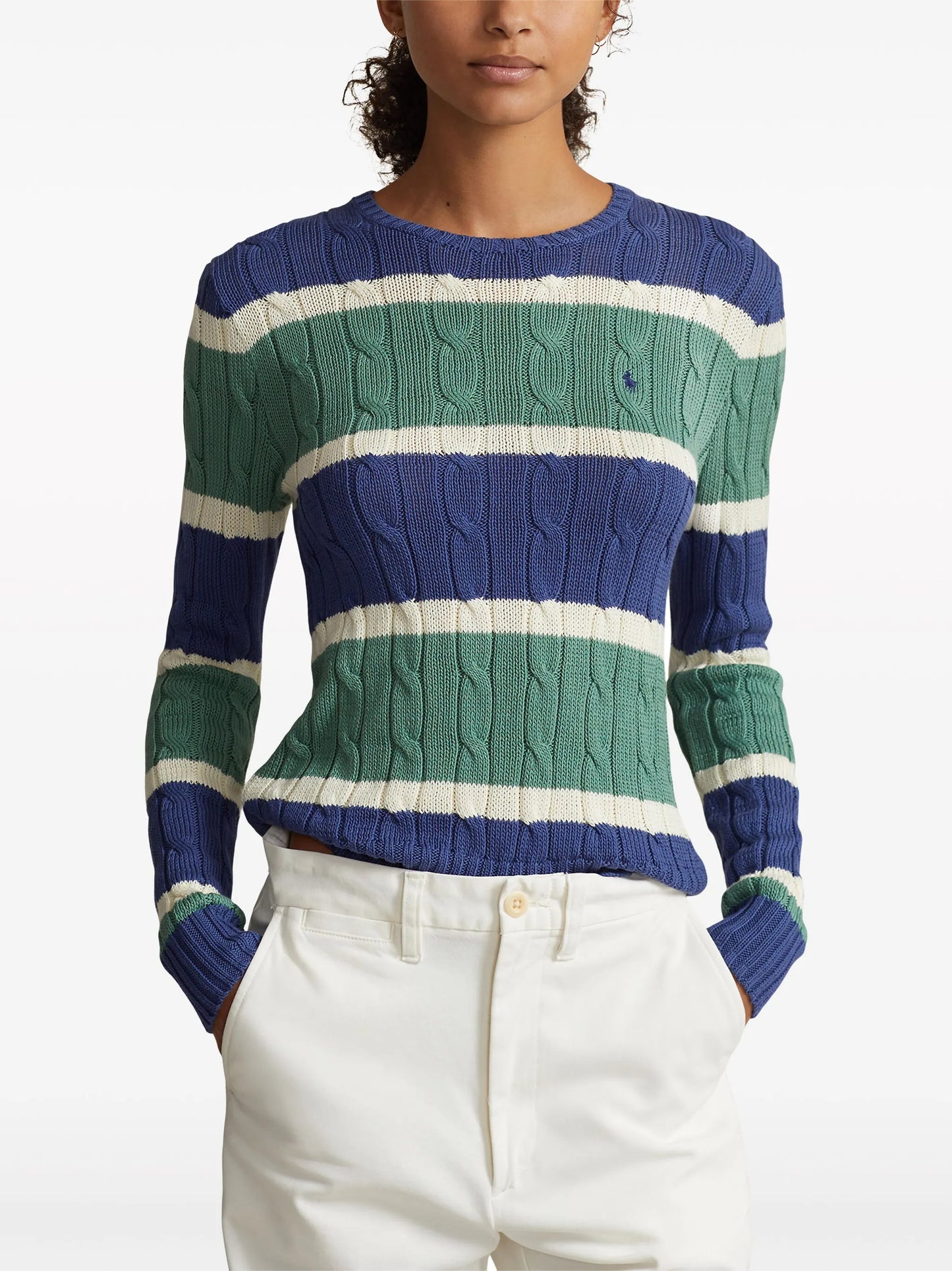 striped cable-knit cotton jumper