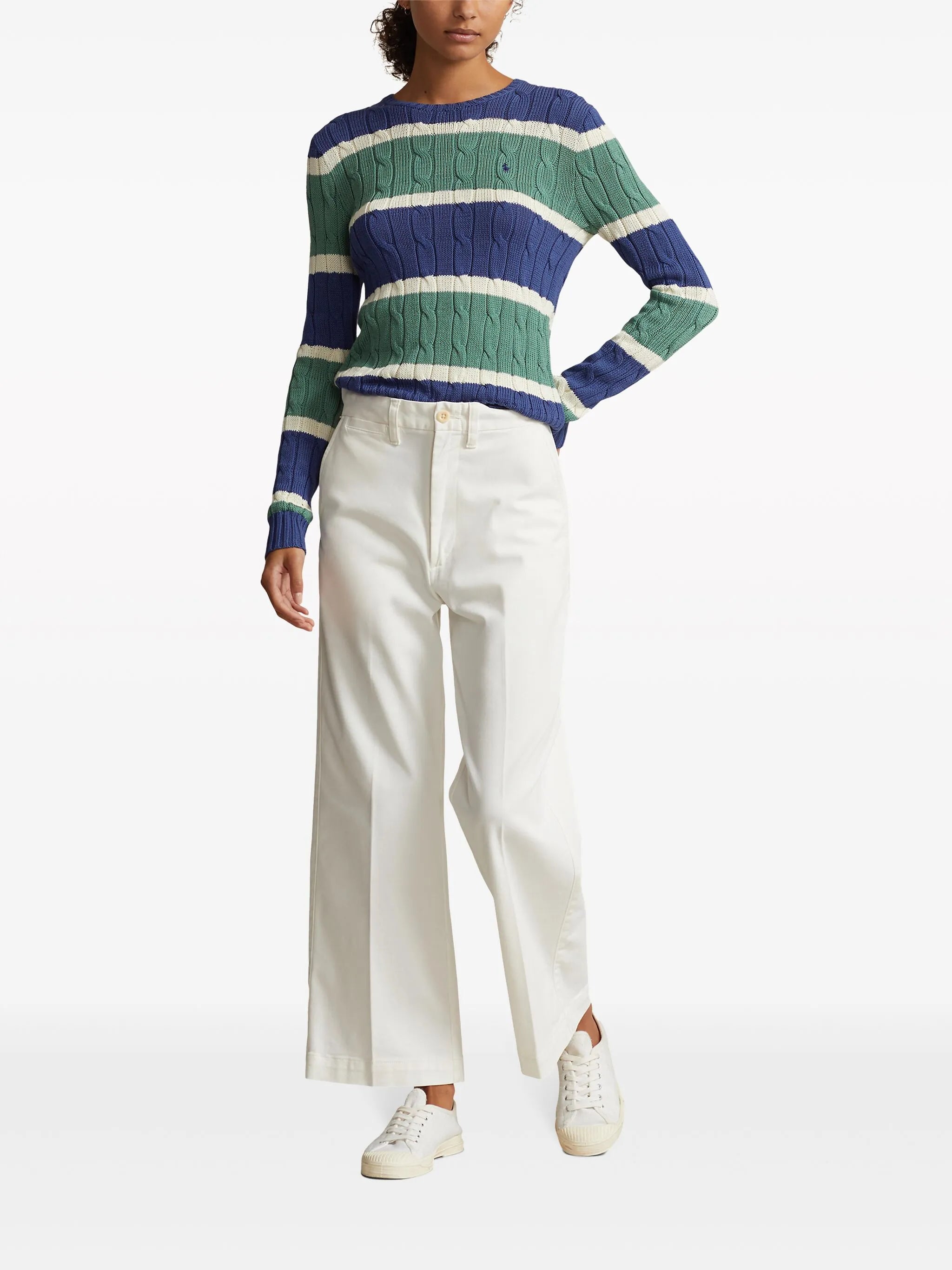 striped cable-knit cotton jumper