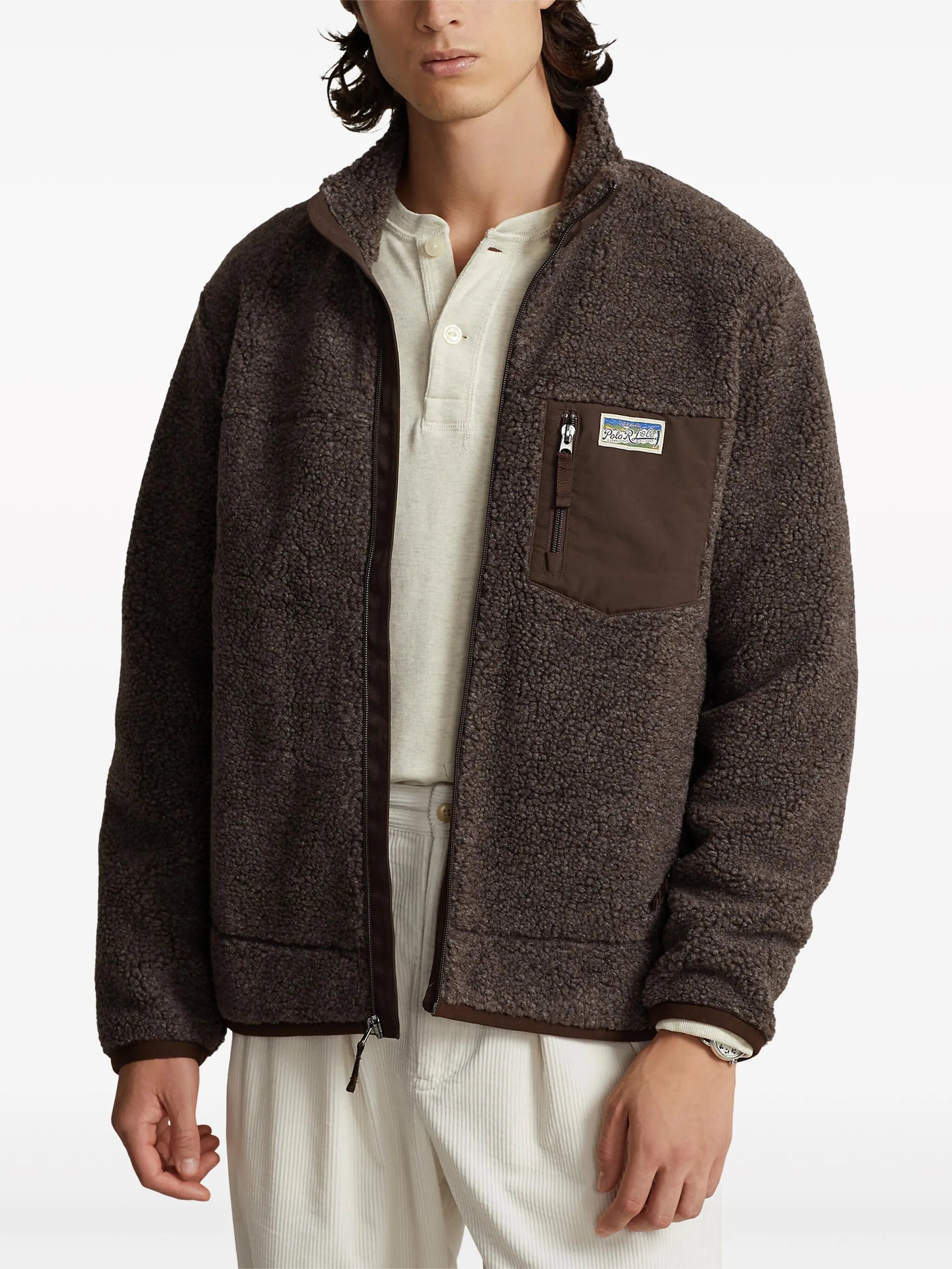 logo-patch deep-pile bomber jacket