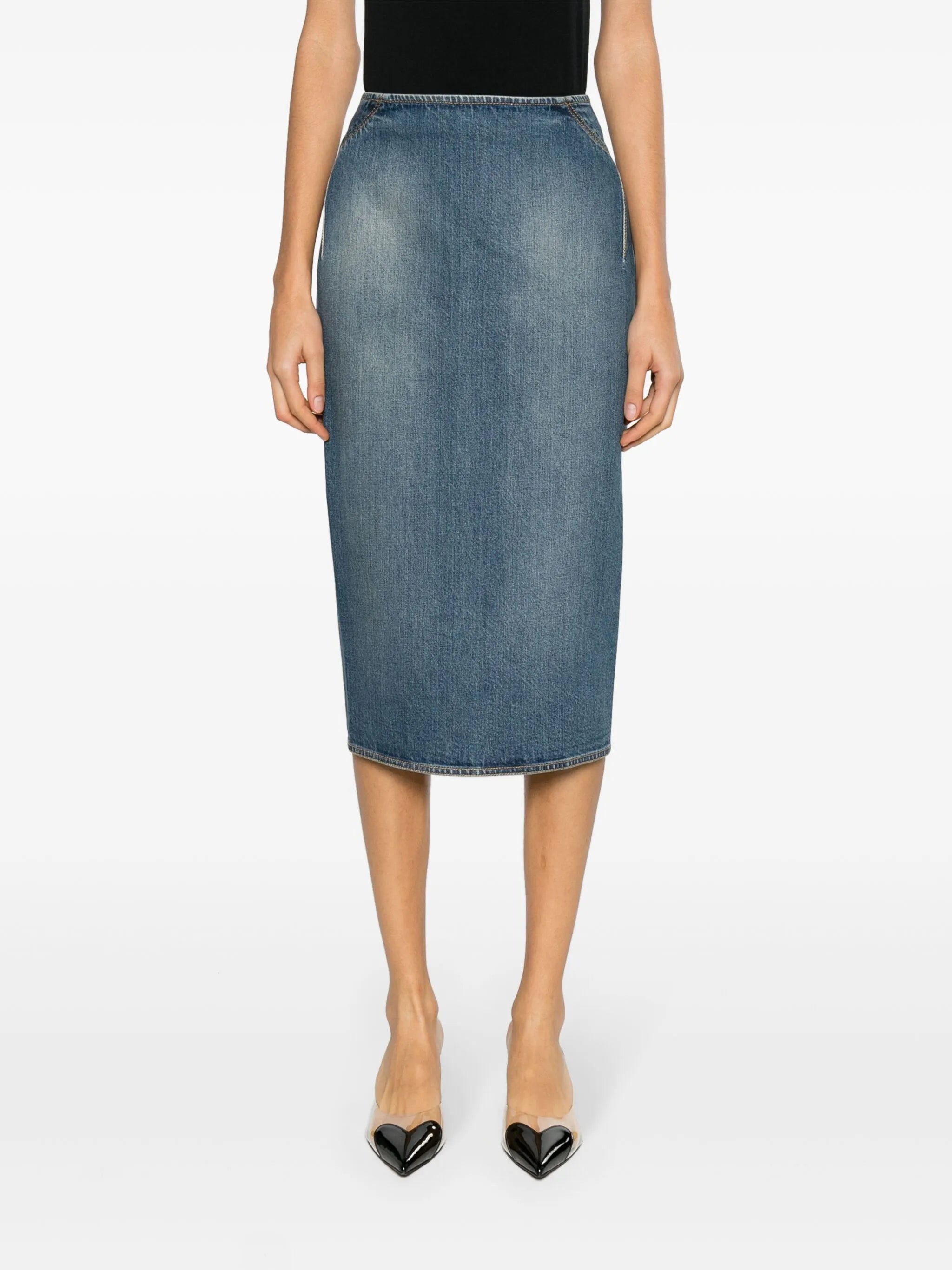 high-rise denim pencil skirt
