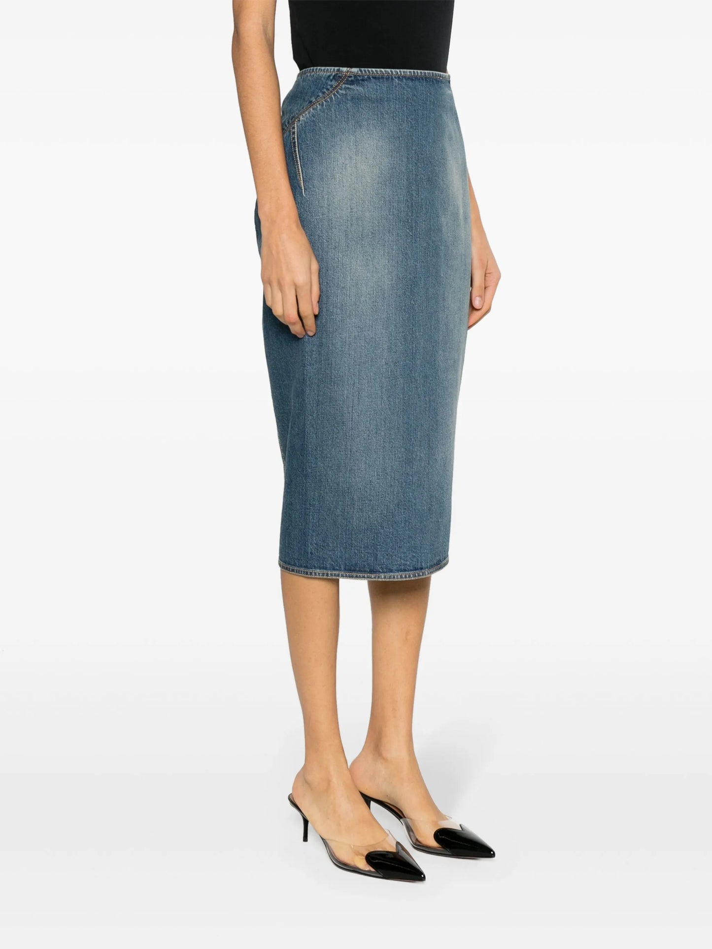 high-rise denim pencil skirt