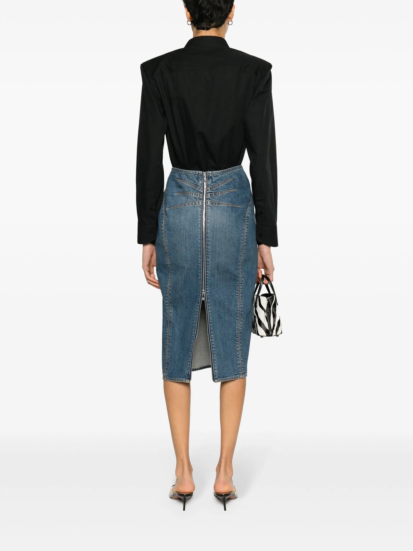 high-rise denim pencil skirt