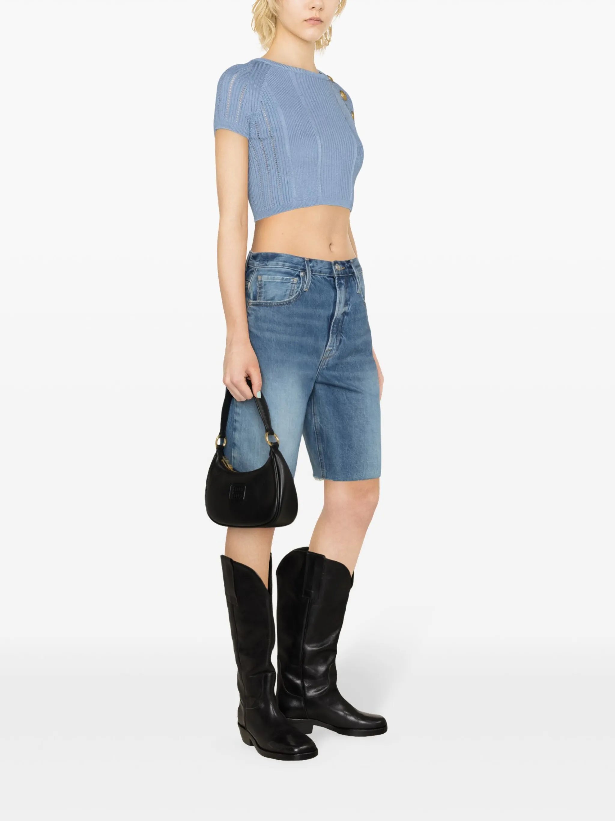 3-Button open-knit cropped top