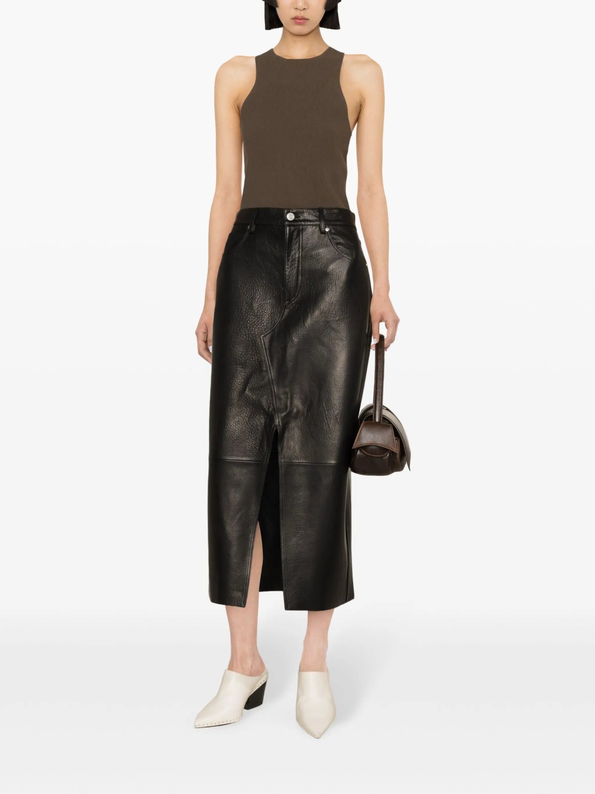 panelled leather midi skirt