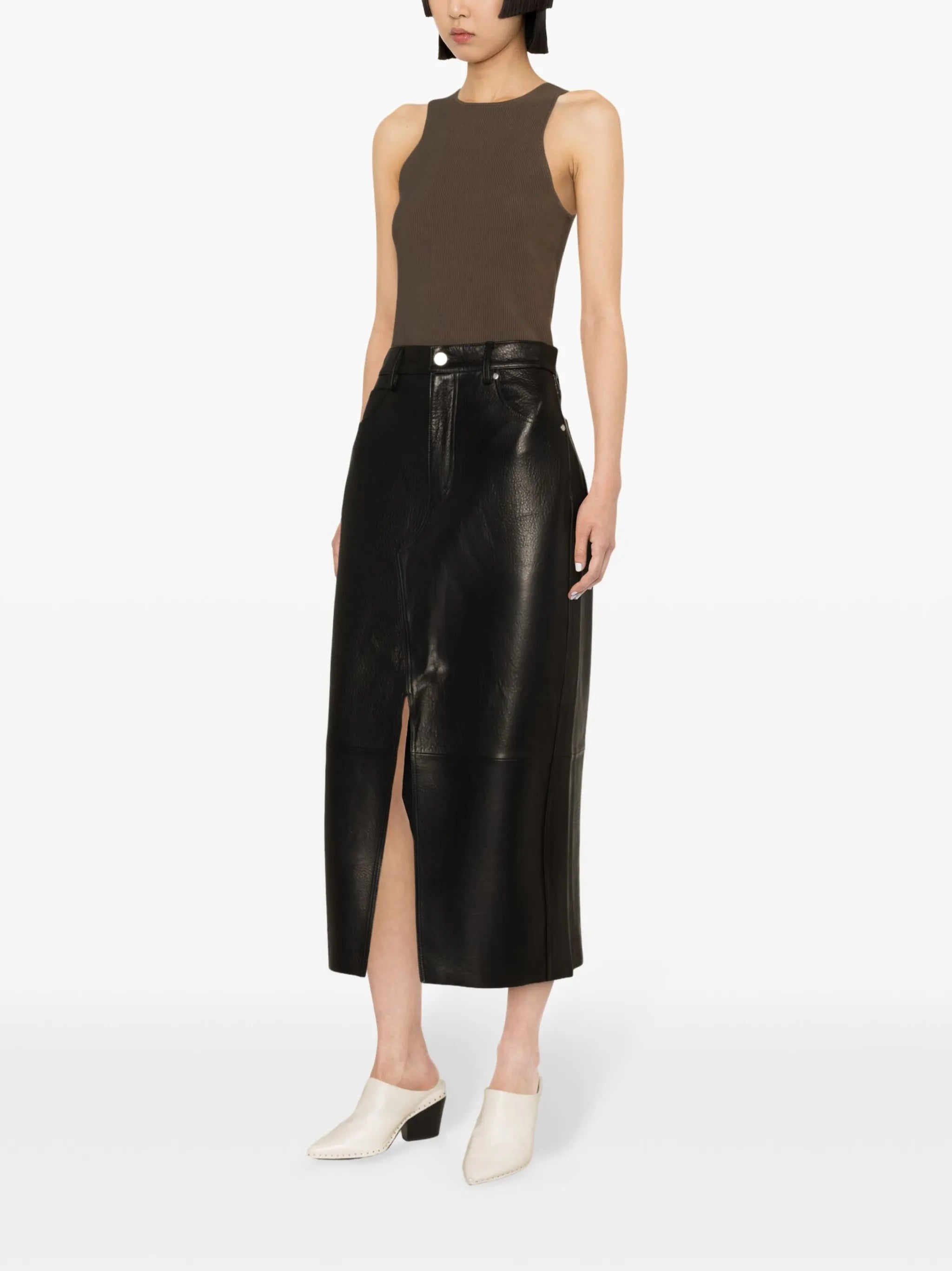 panelled leather midi skirt