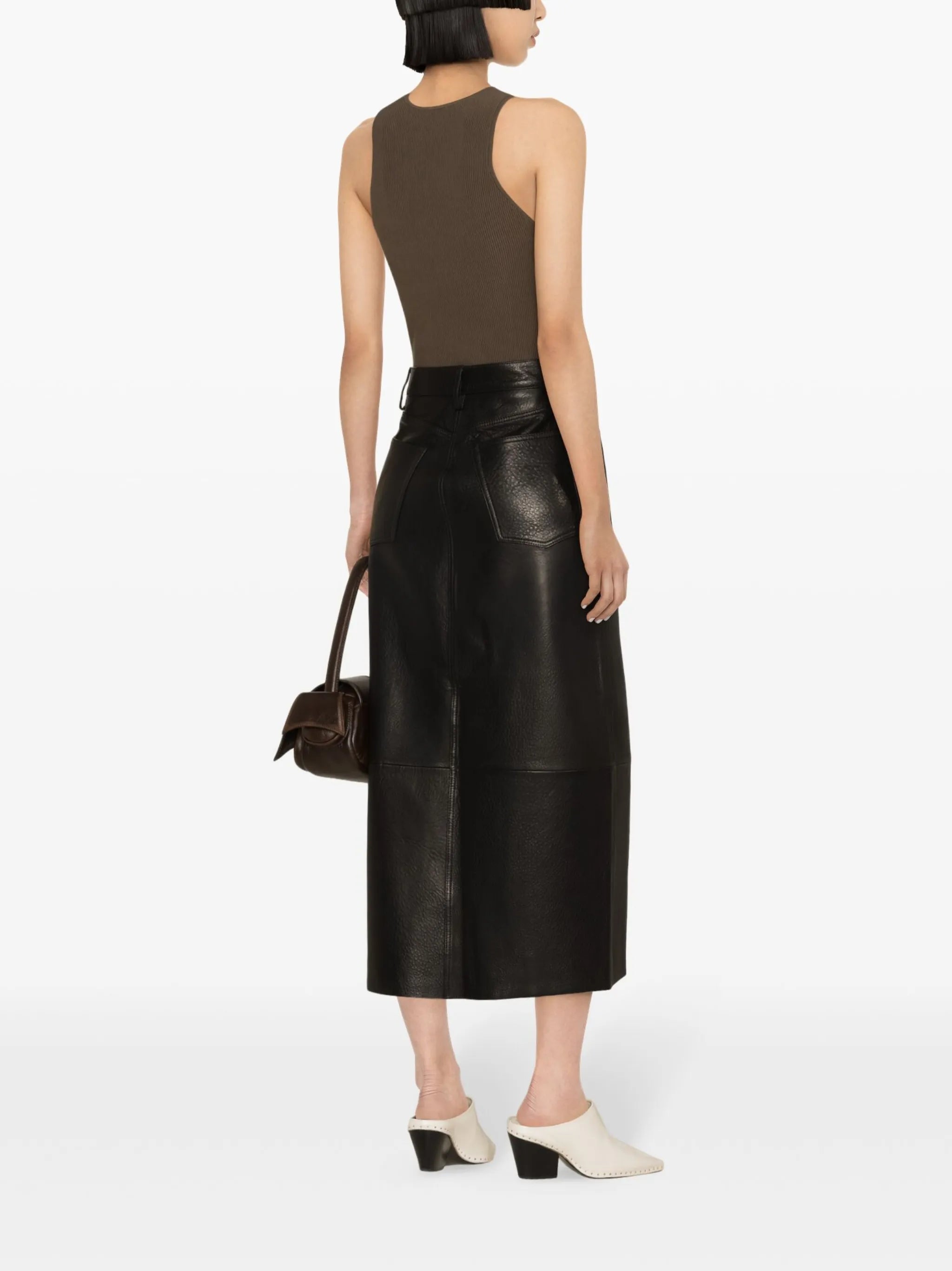 panelled leather midi skirt