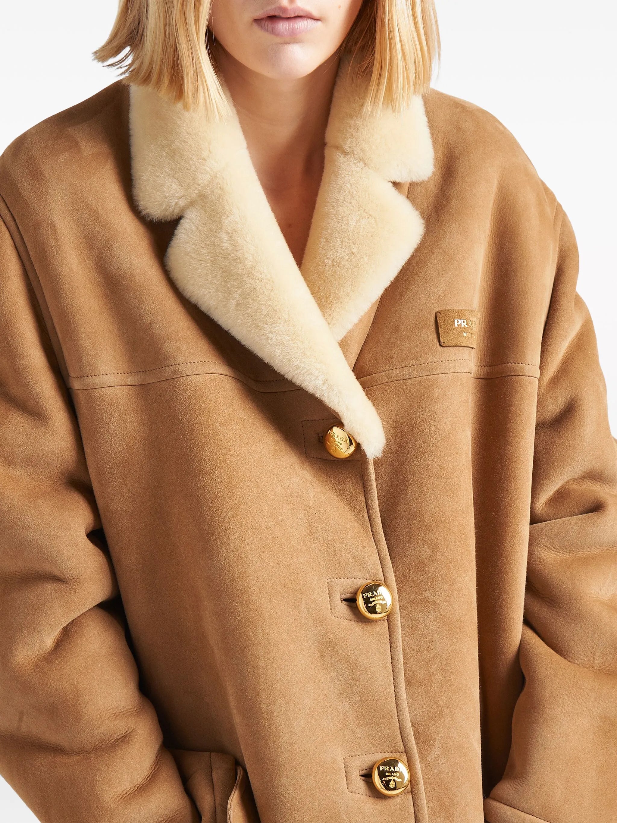 shearling-trim suede coat