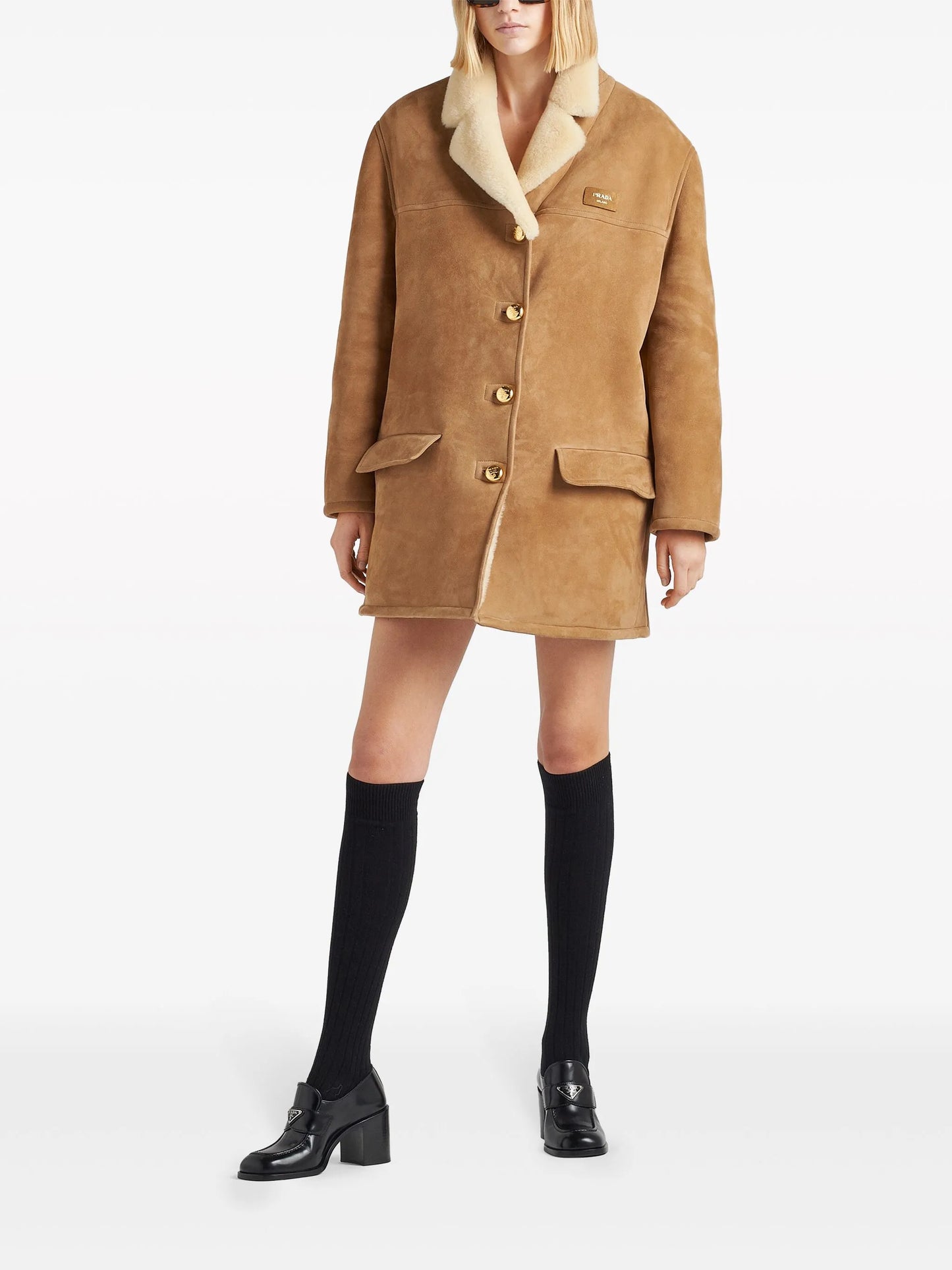 shearling-trim suede coat