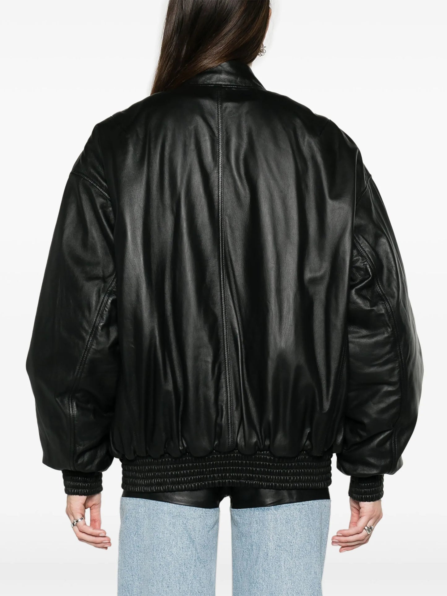 drop-shoulder leather bomber jacket