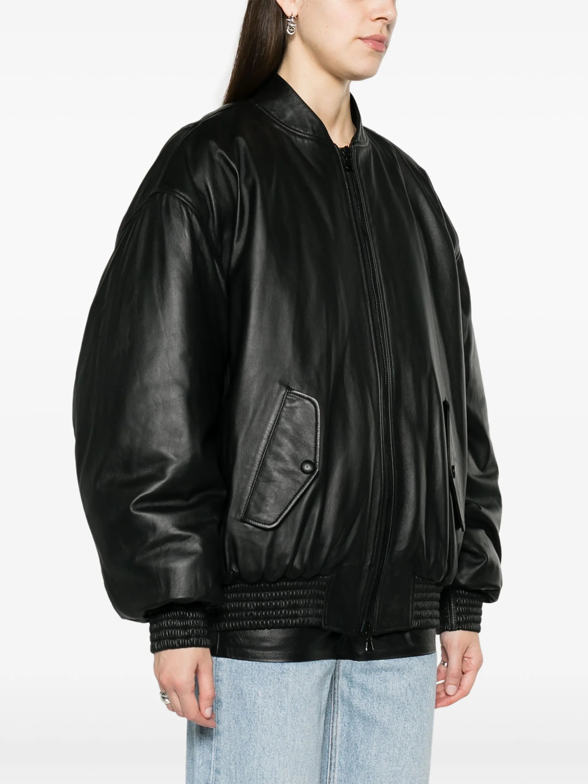 drop-shoulder leather bomber jacket