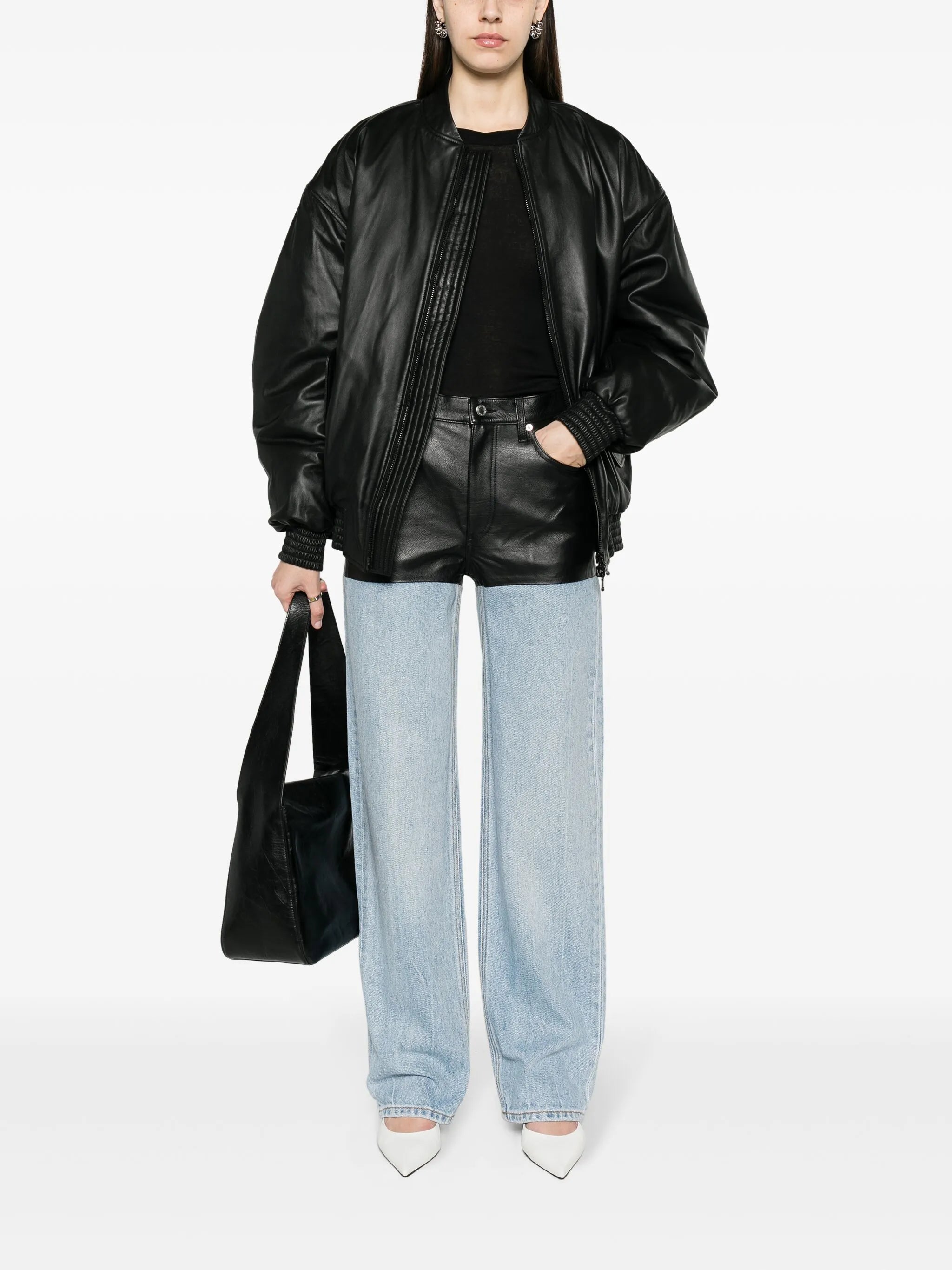 drop-shoulder leather bomber jacket