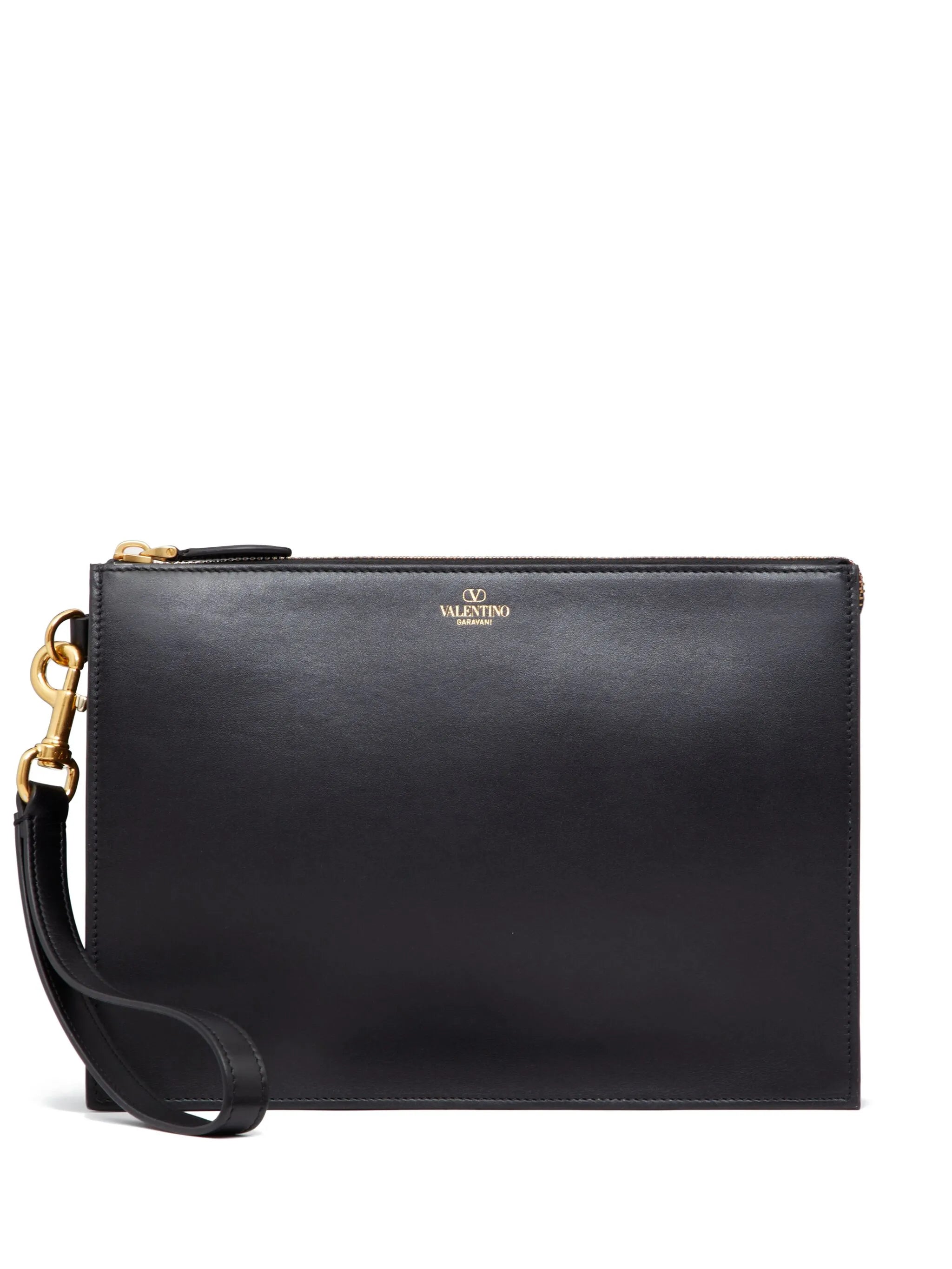 logo-print leather clutch bag
