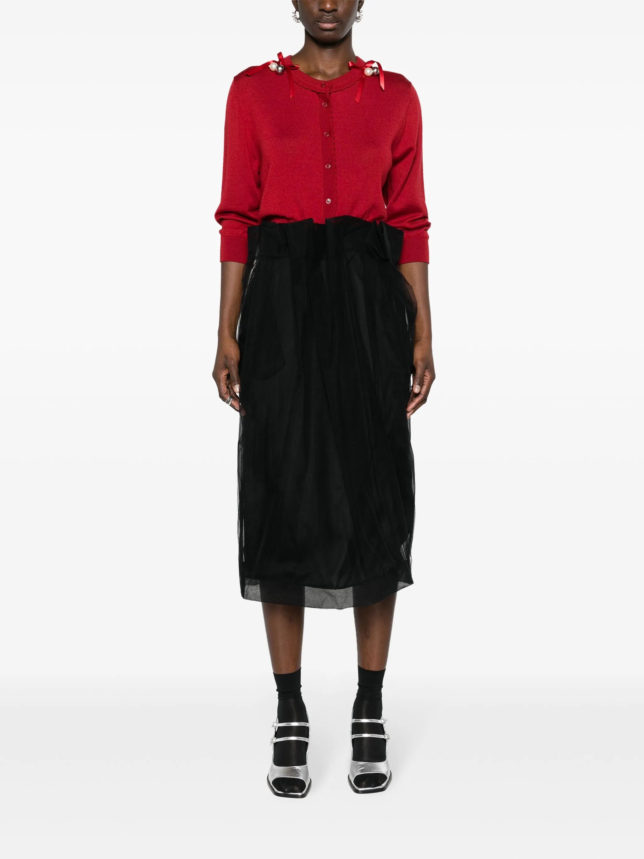 draped-waist tulle midi skirt