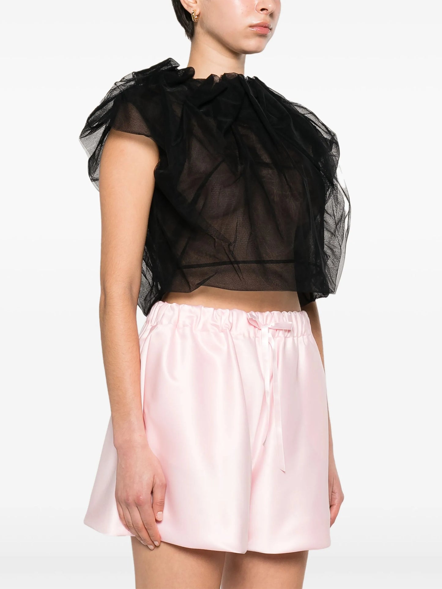 gathered-neckline tulle blouse