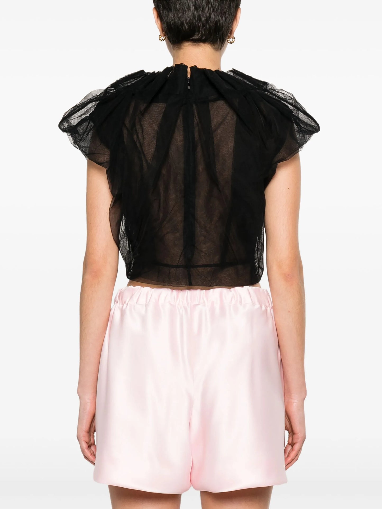gathered-neckline tulle blouse