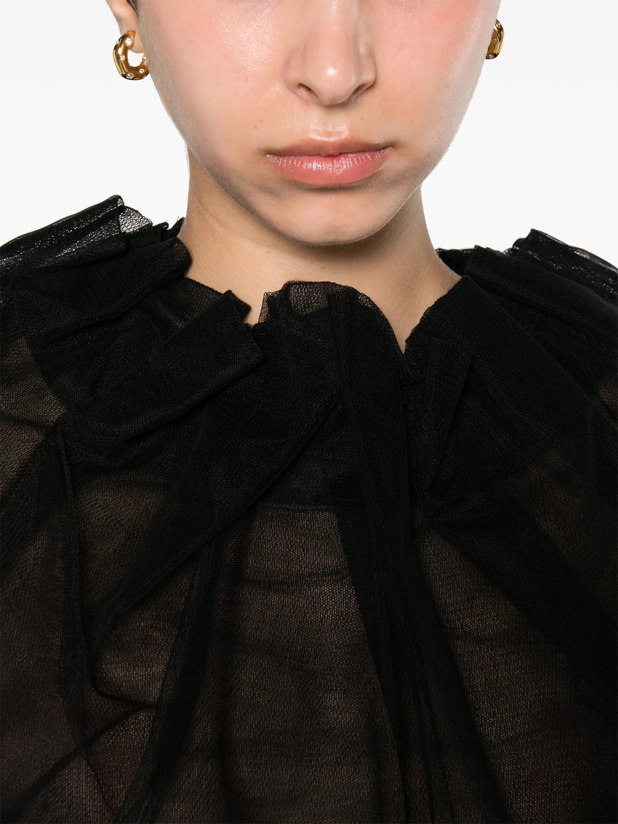 gathered-neckline tulle blouse