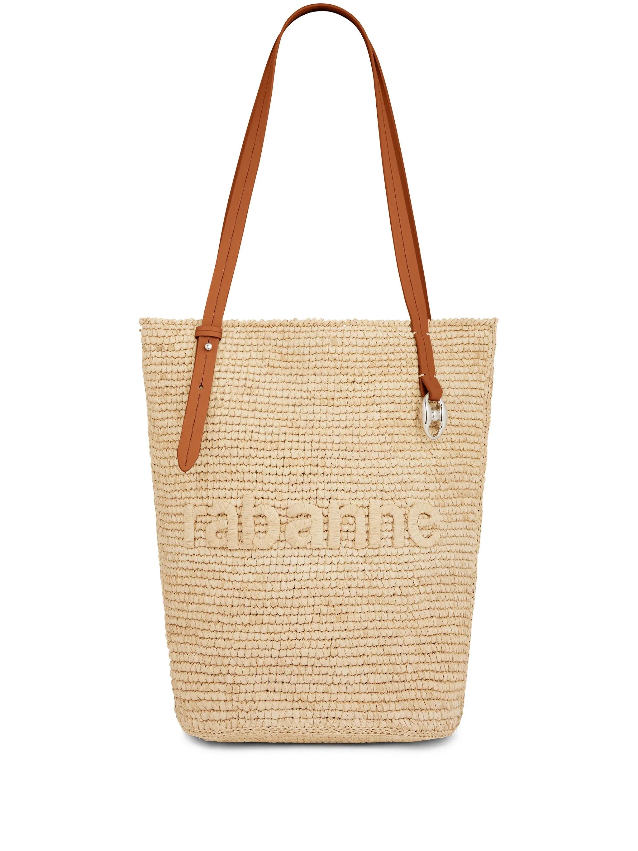 logo-embroidered raffia tote bag