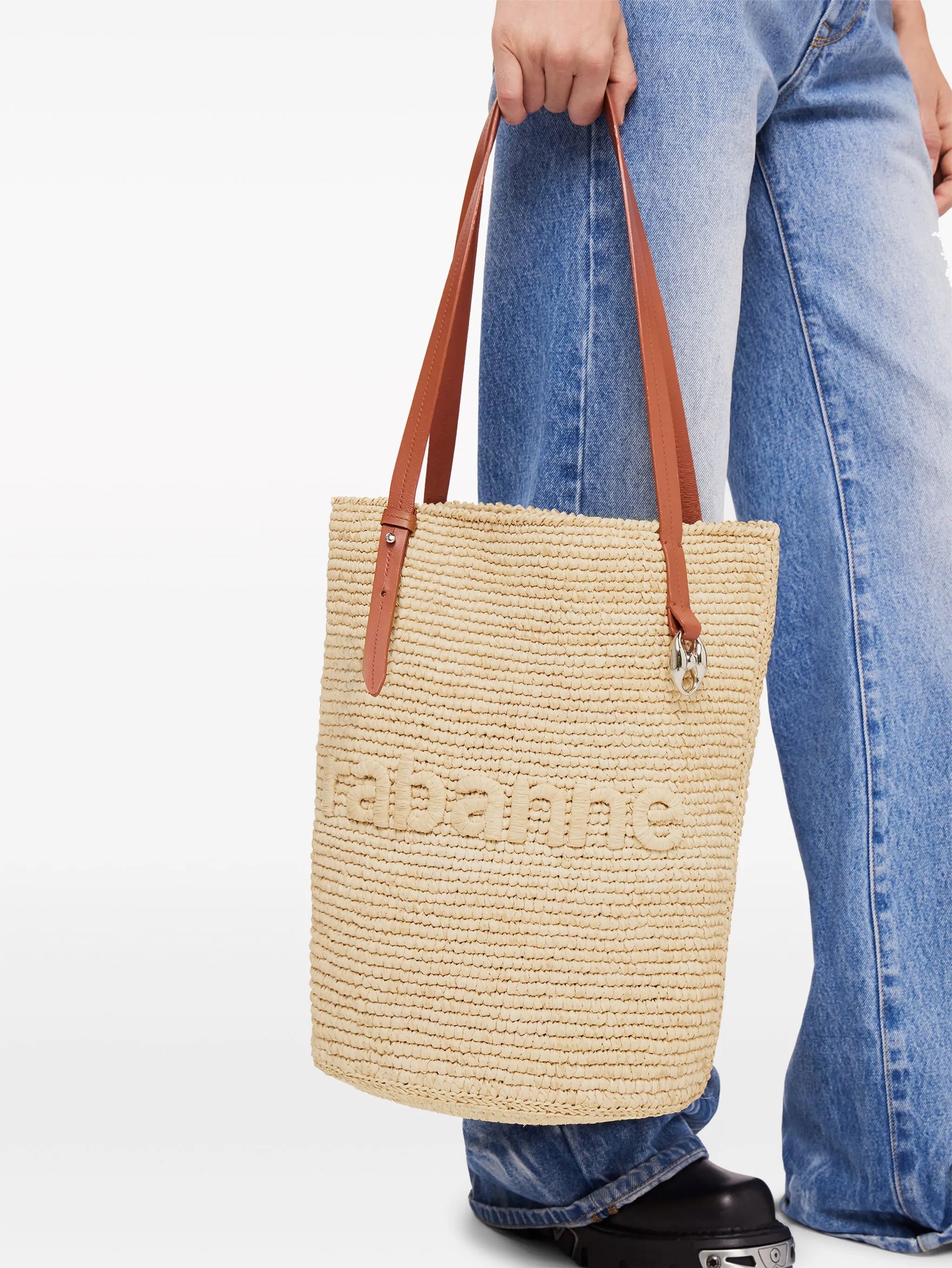 logo-embroidered raffia tote bag