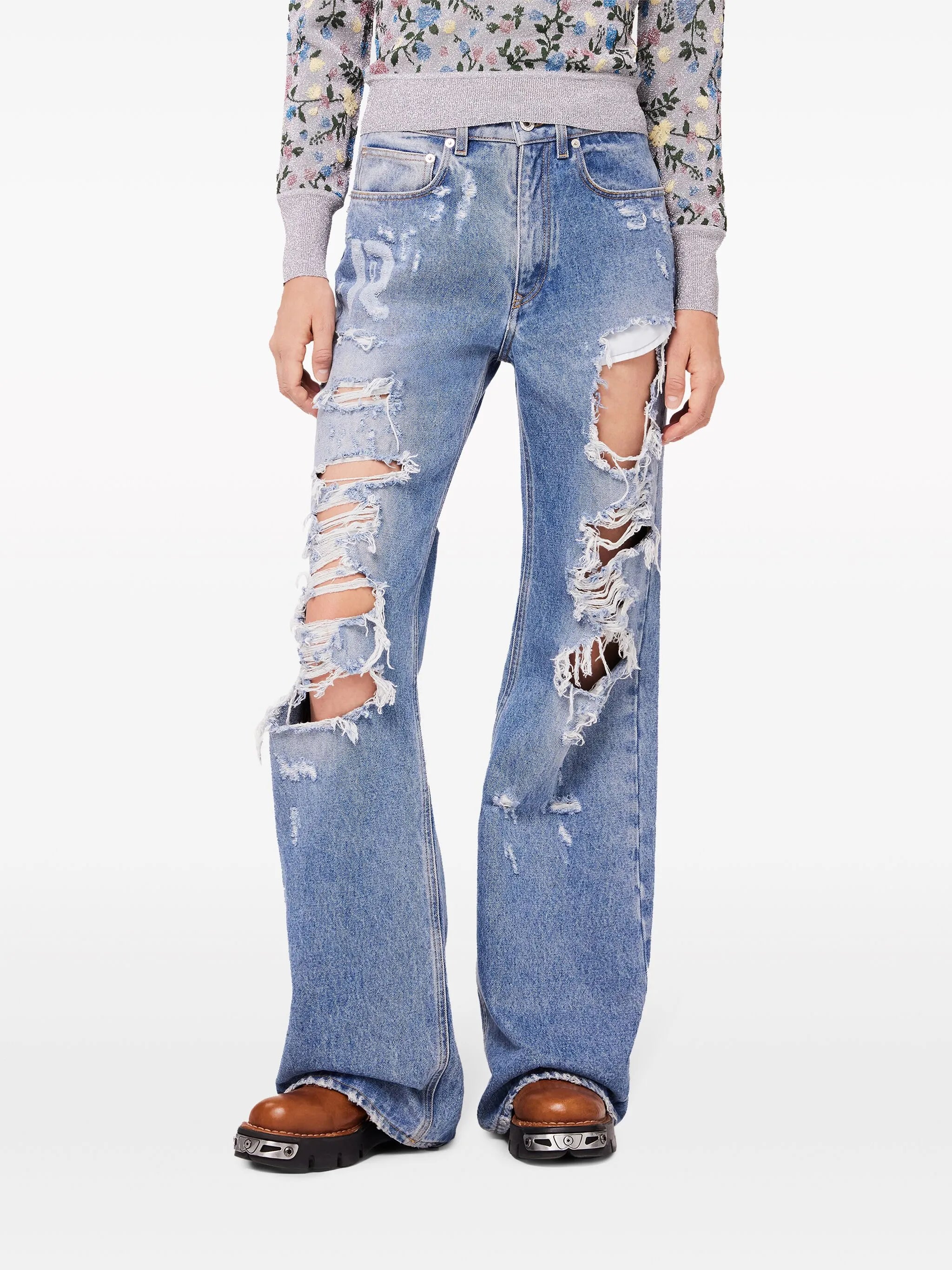 ripped-detailing cotton wide-leg jeans