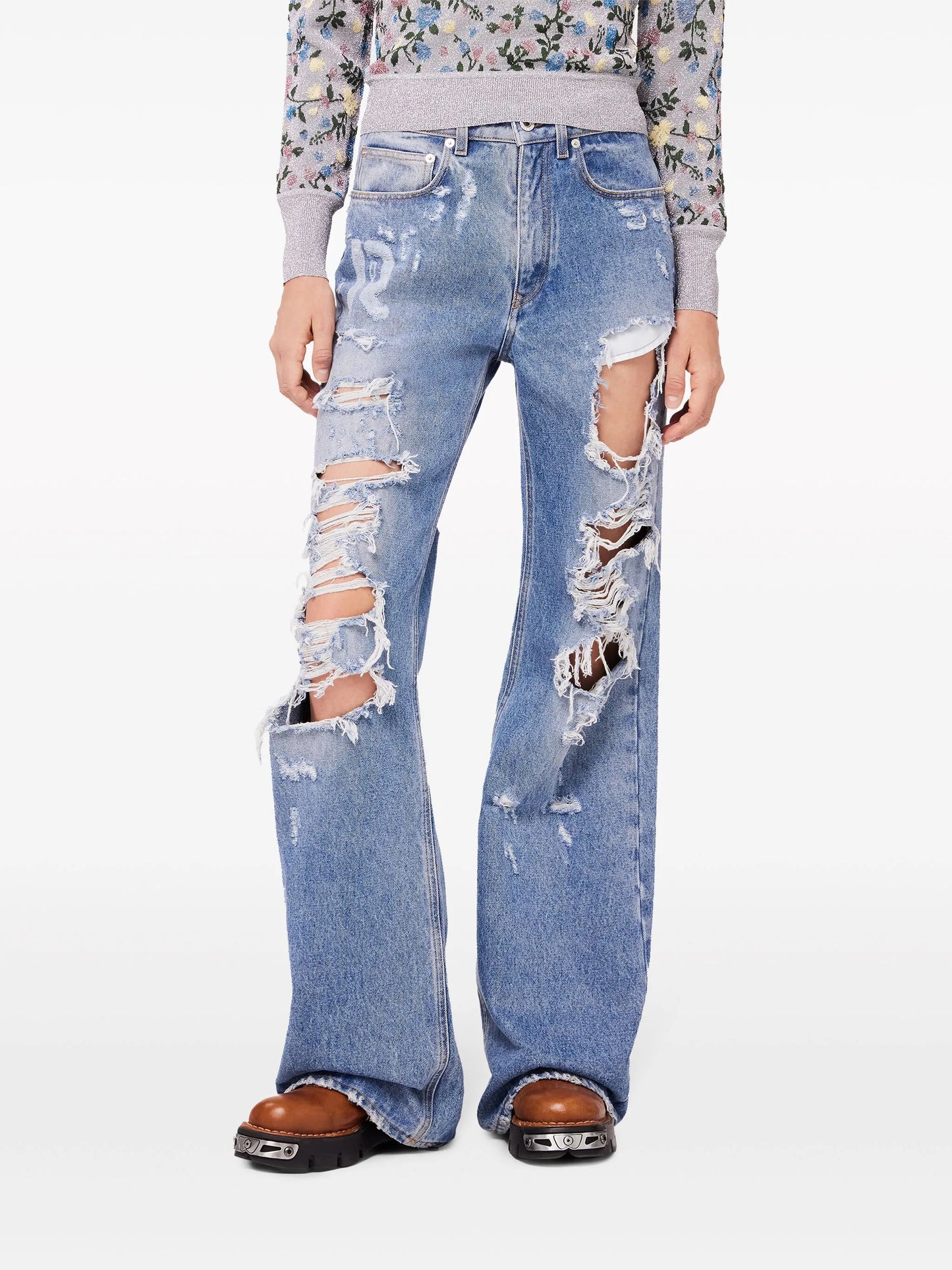 ripped-detailing cotton wide-leg jeans