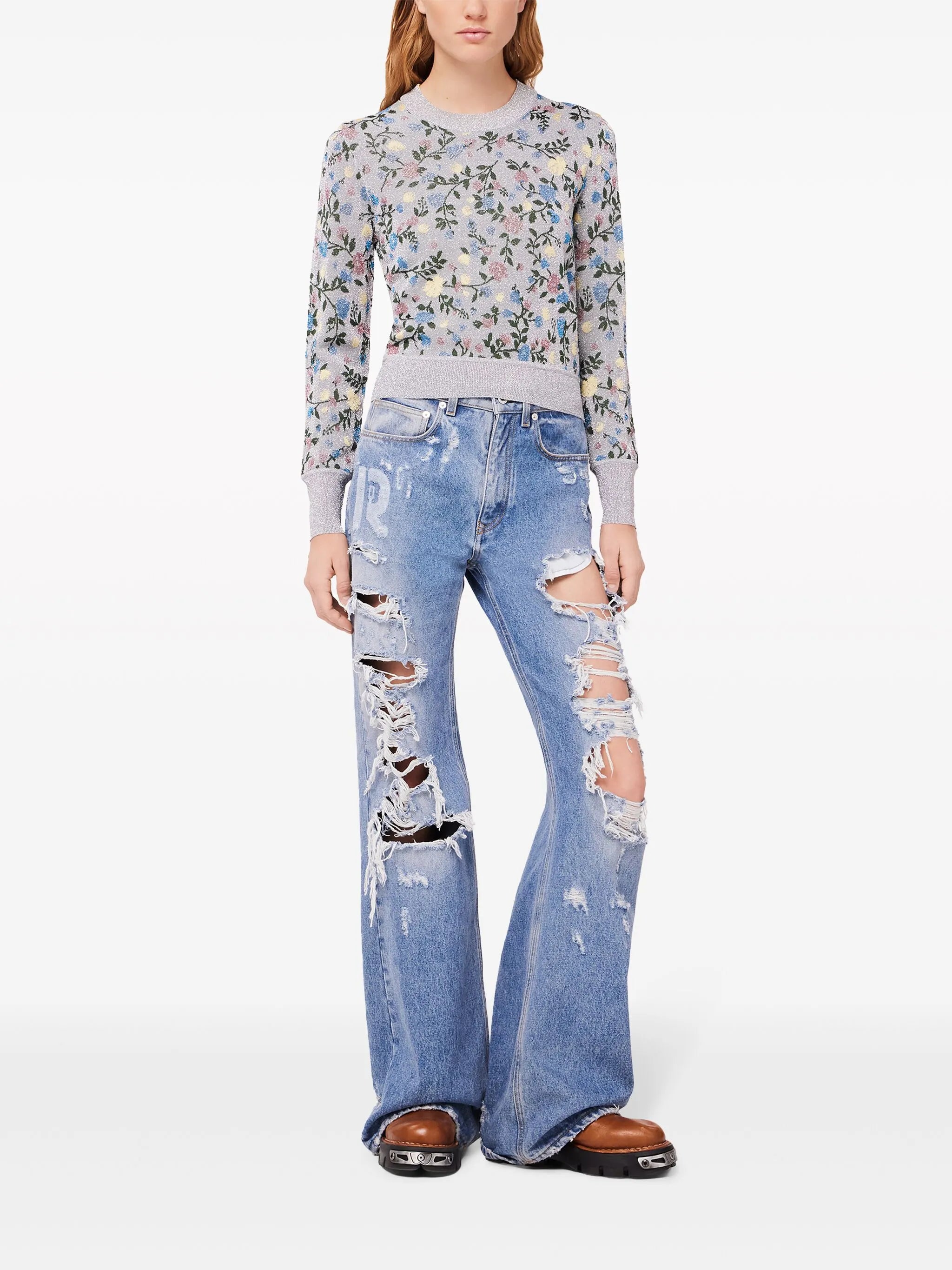 ripped-detailing cotton wide-leg jeans