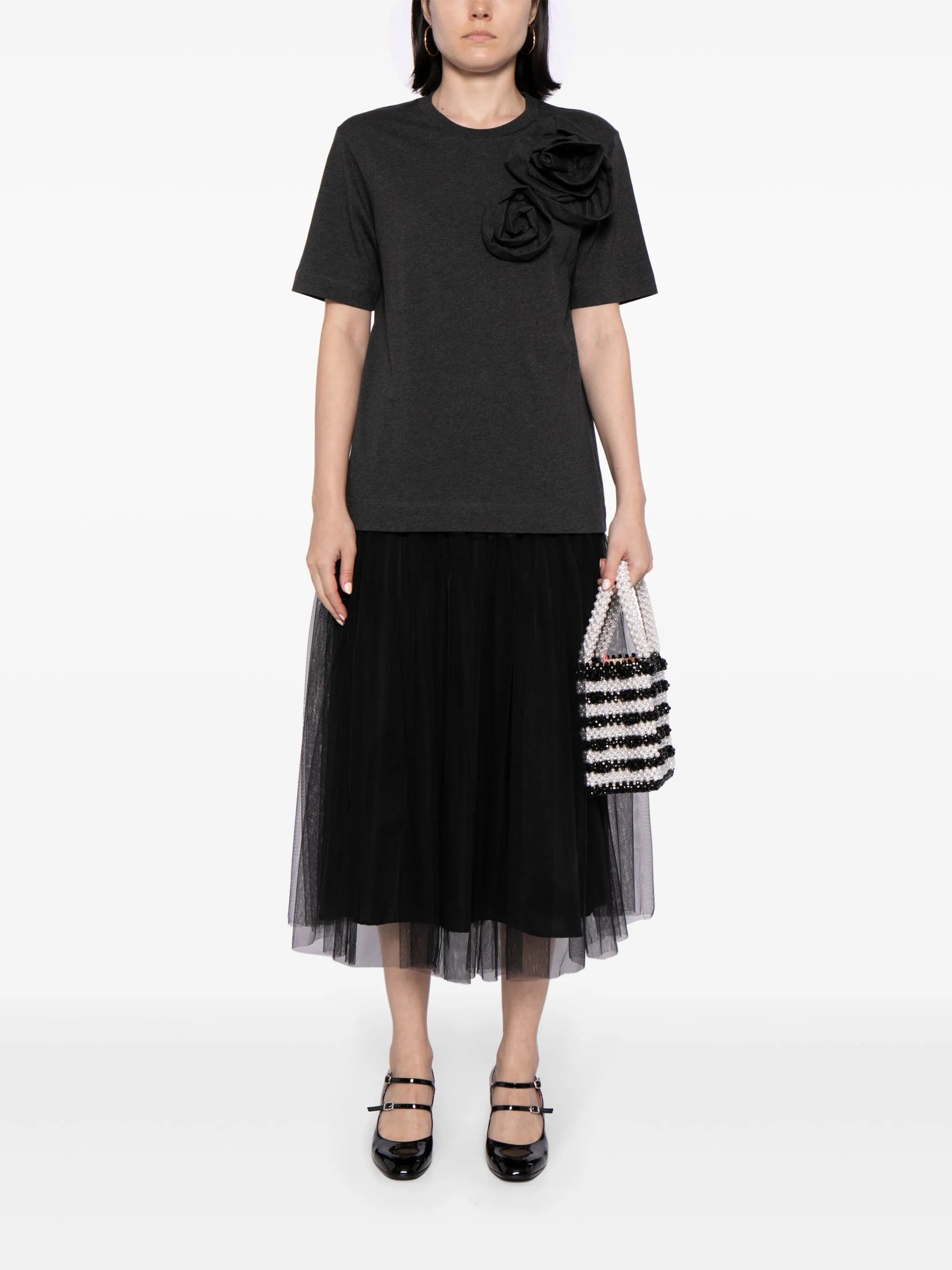 rose-appliqué cotton T-shirt