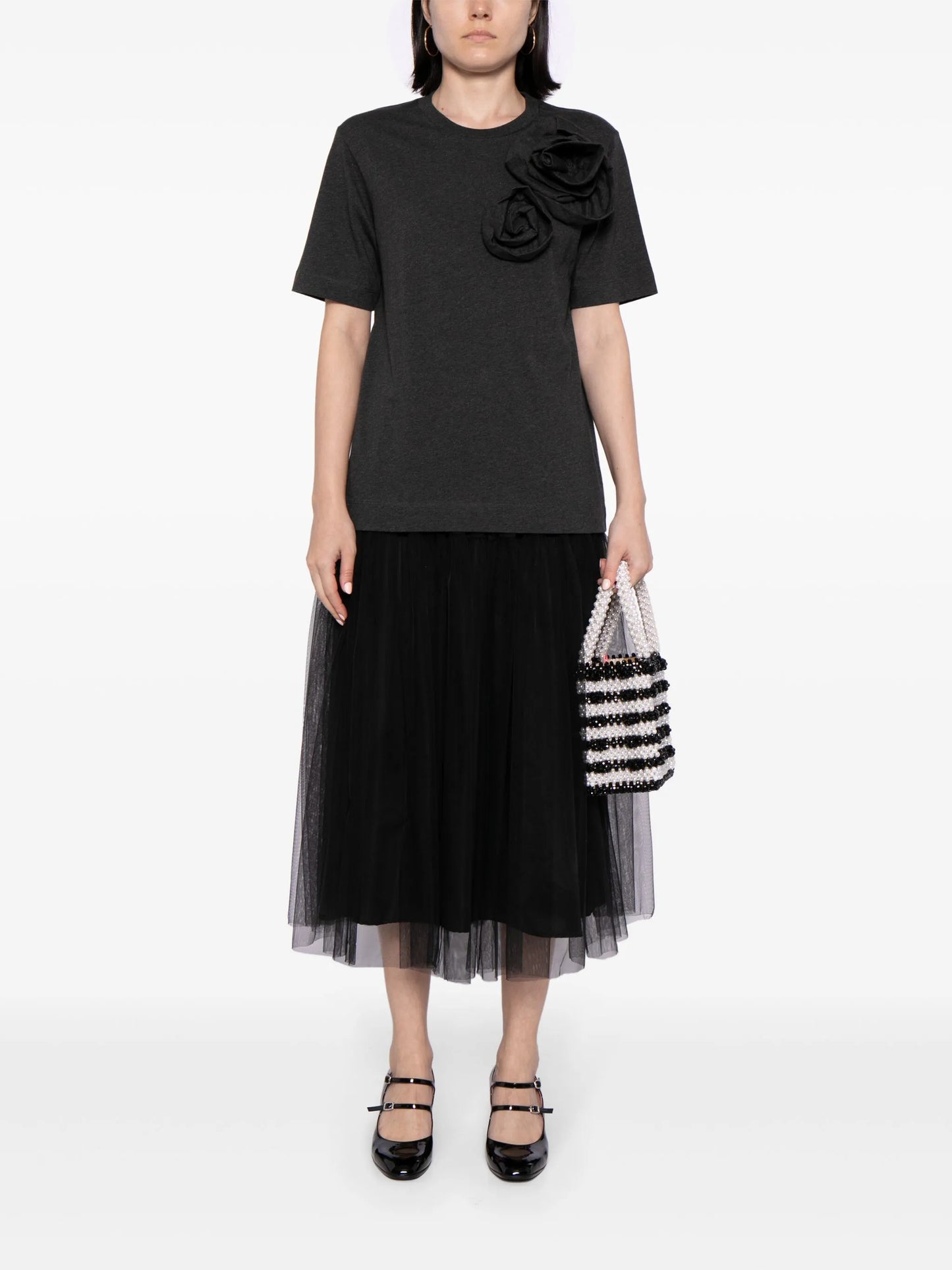 rose-appliqué cotton T-shirt