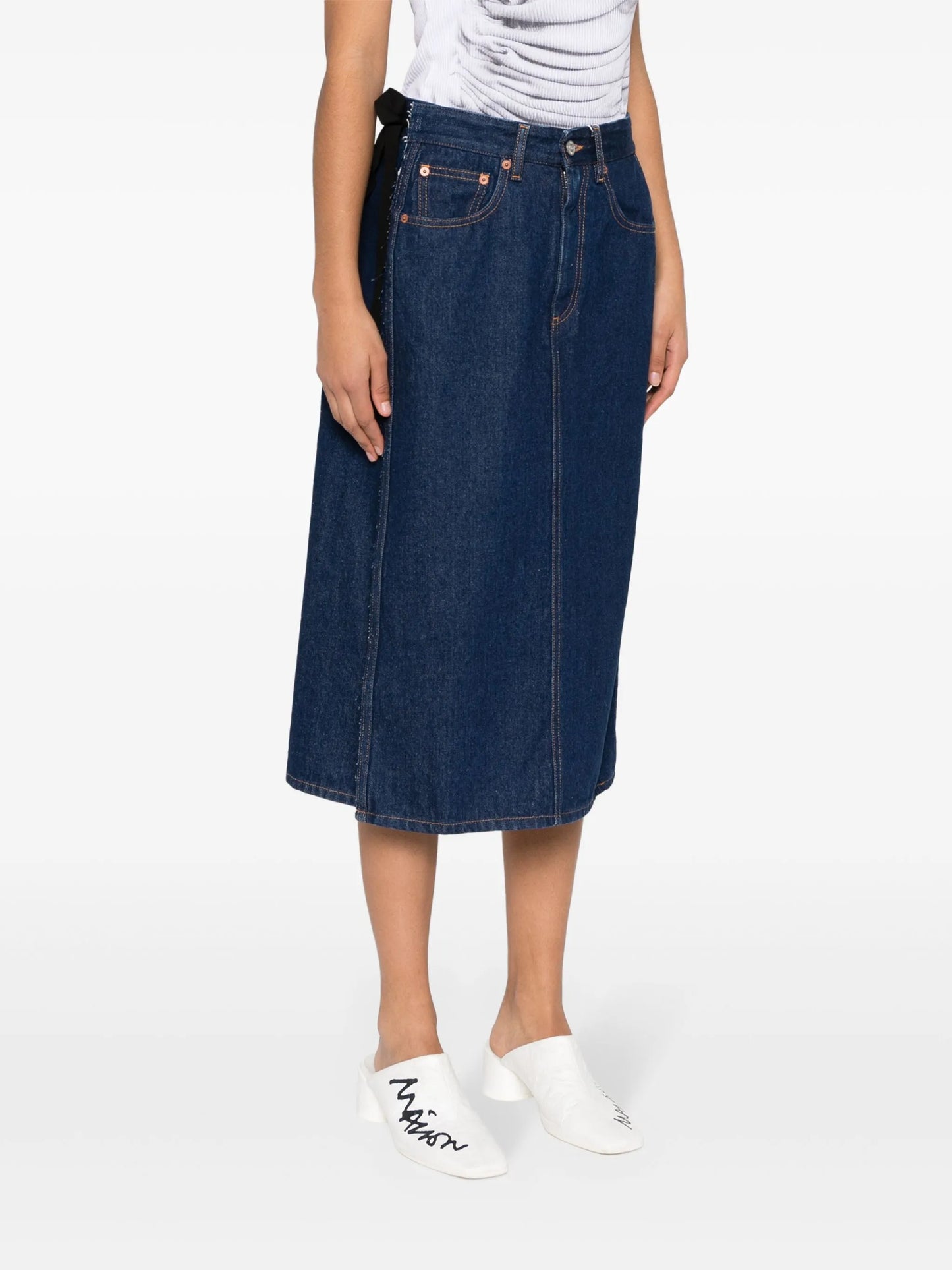 denim wrap midi skirt