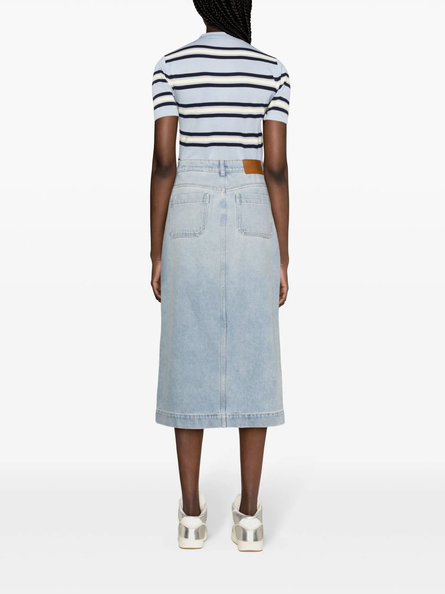 button-up denim midi skirt