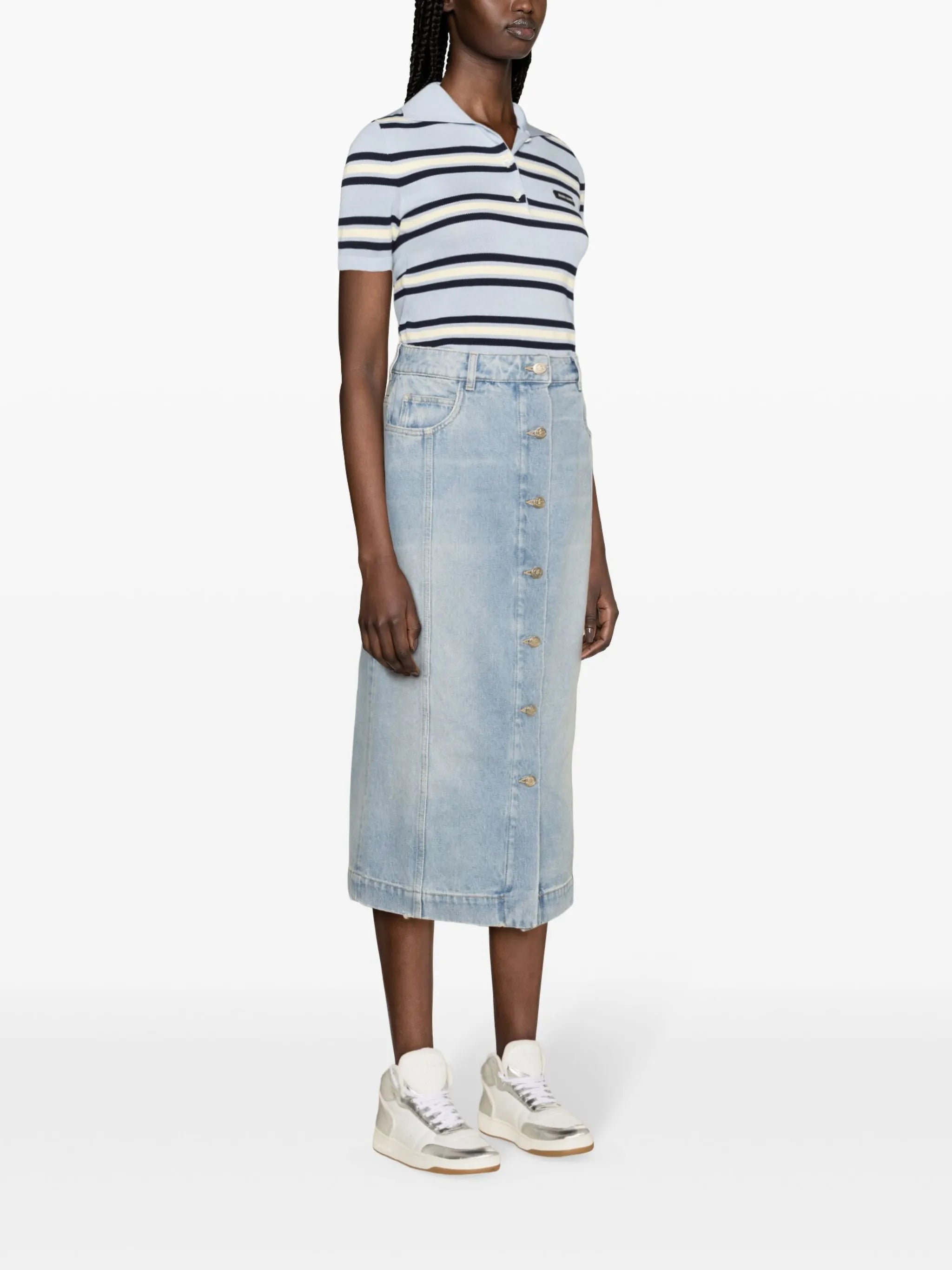button-up denim midi skirt