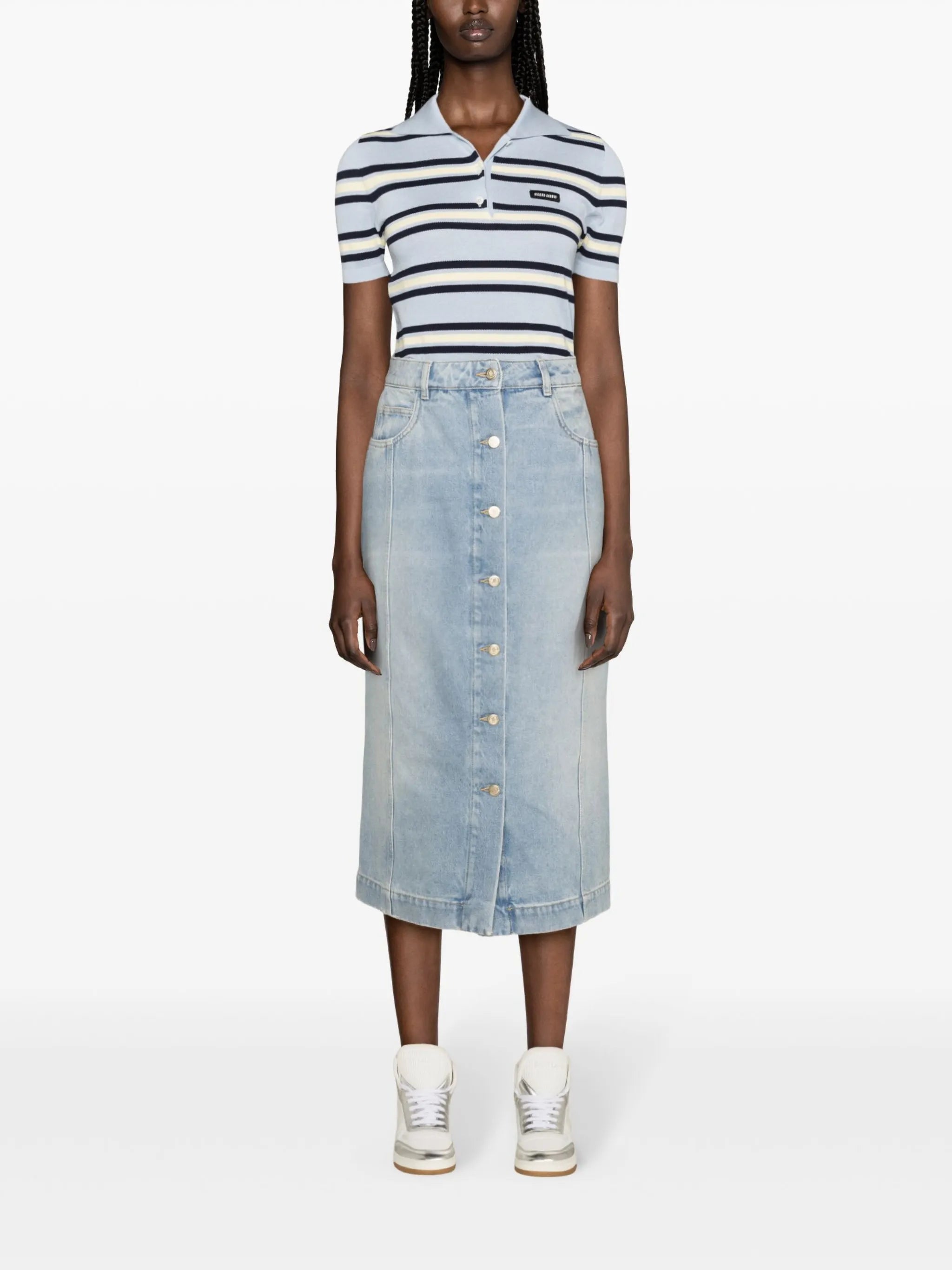 button-up denim midi skirt