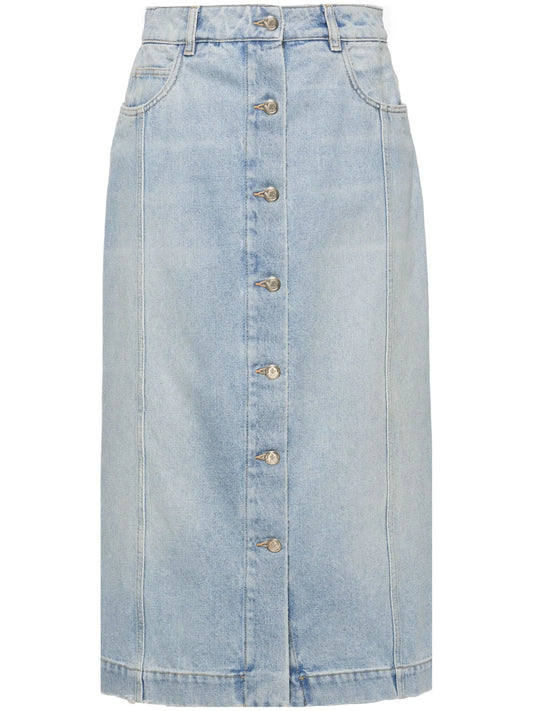 button-up denim midi skirt