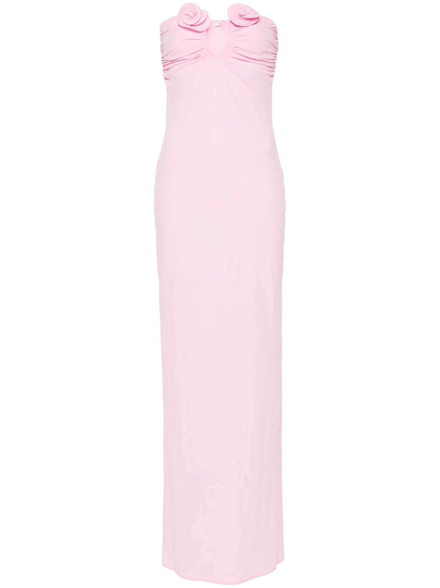 floral-appliqué strapless maxi dress