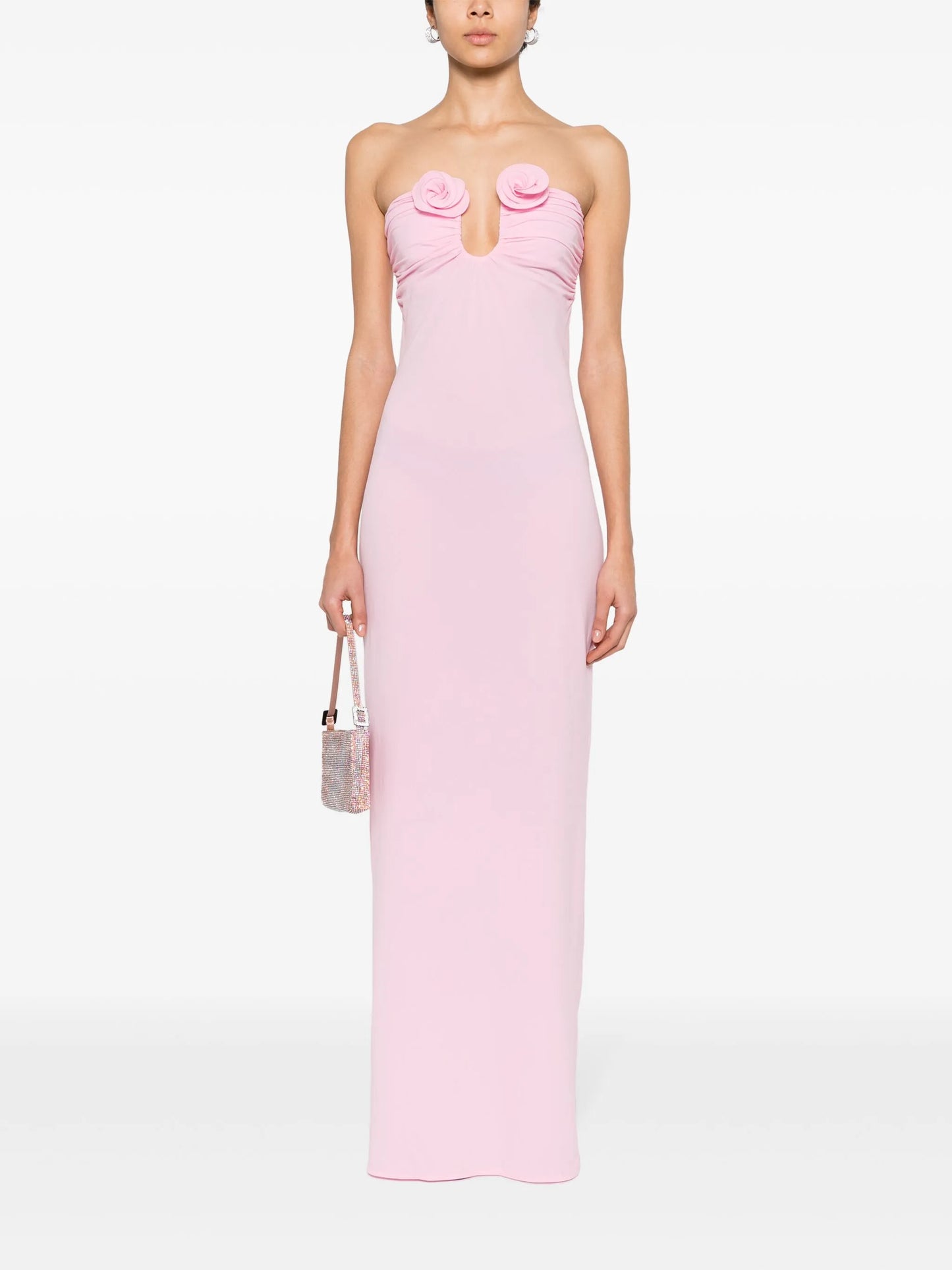 floral-appliqué strapless maxi dress