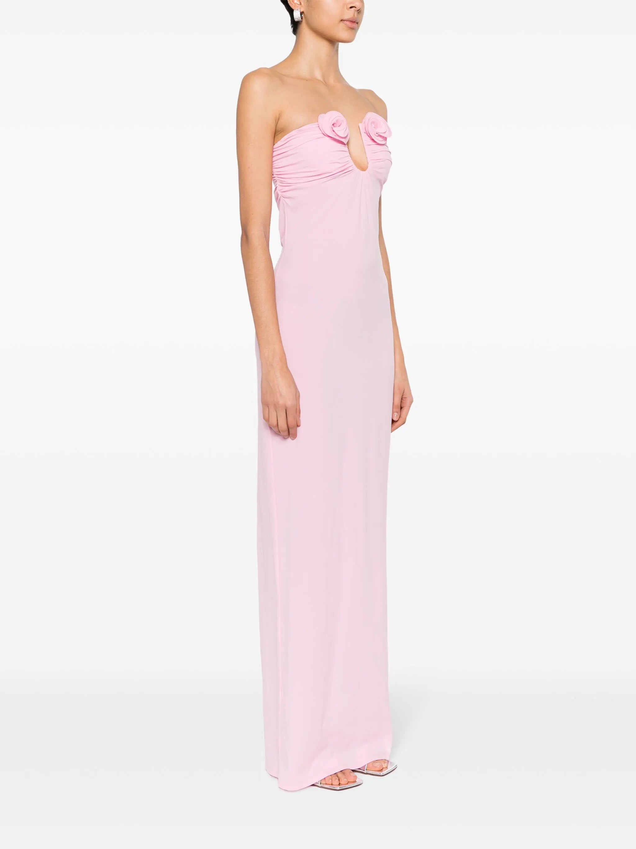 floral-appliqué strapless maxi dress
