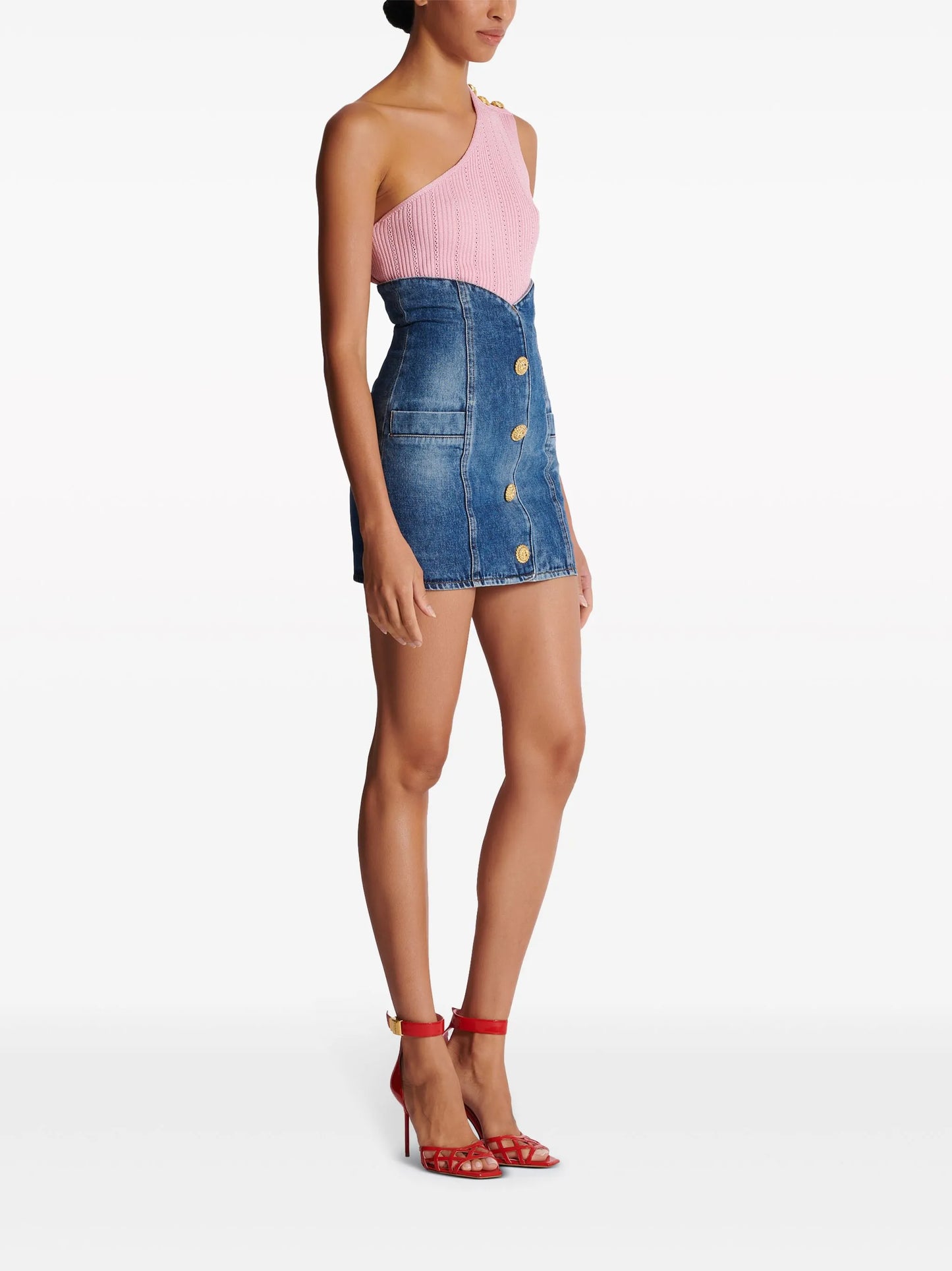 curved-waist denim miniskirt