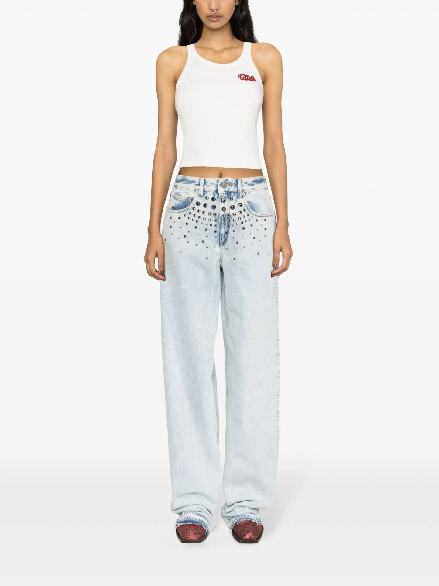 mid-rise studded wide-leg jeans