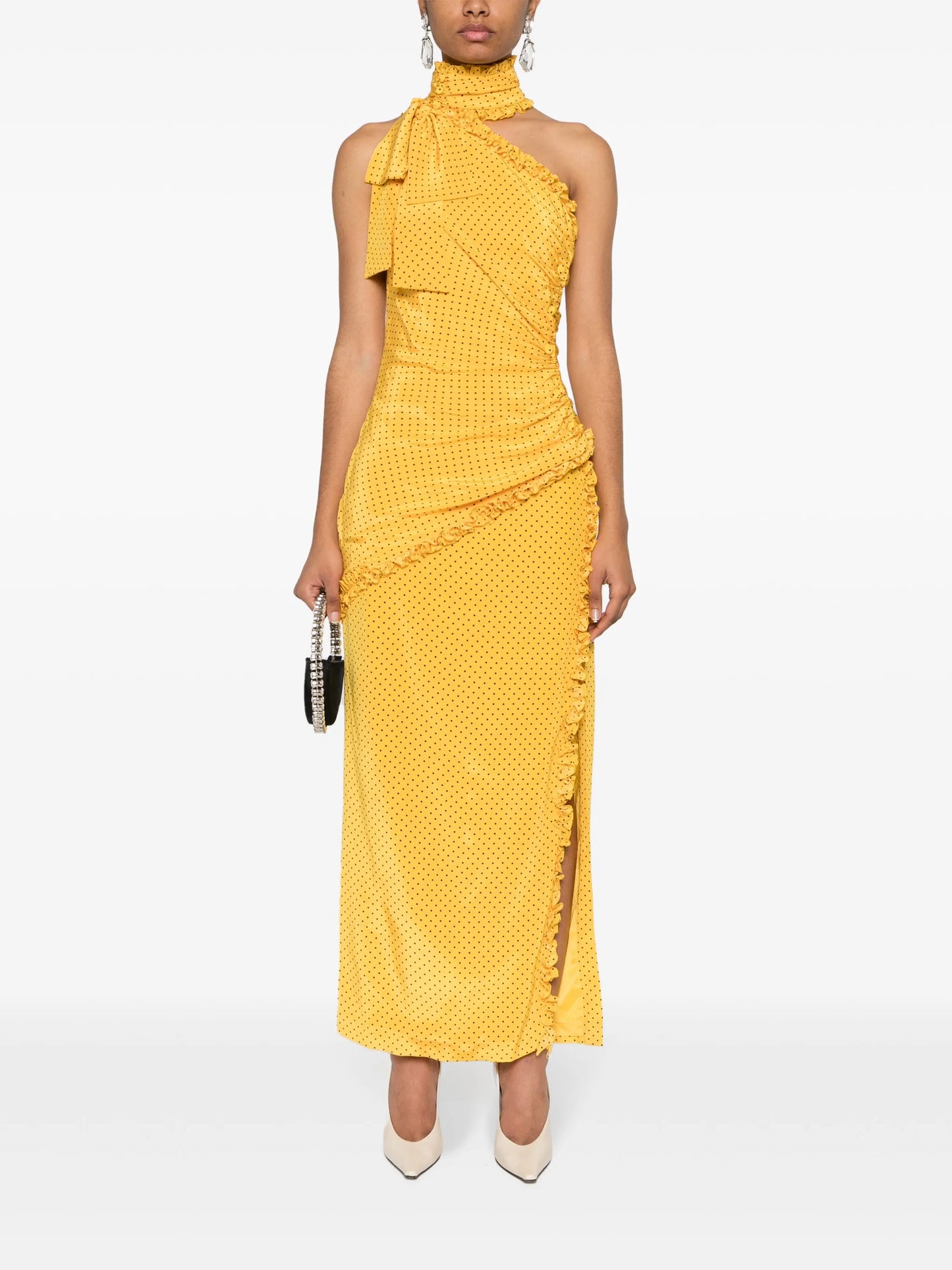 polka-dot frilled maxi dress