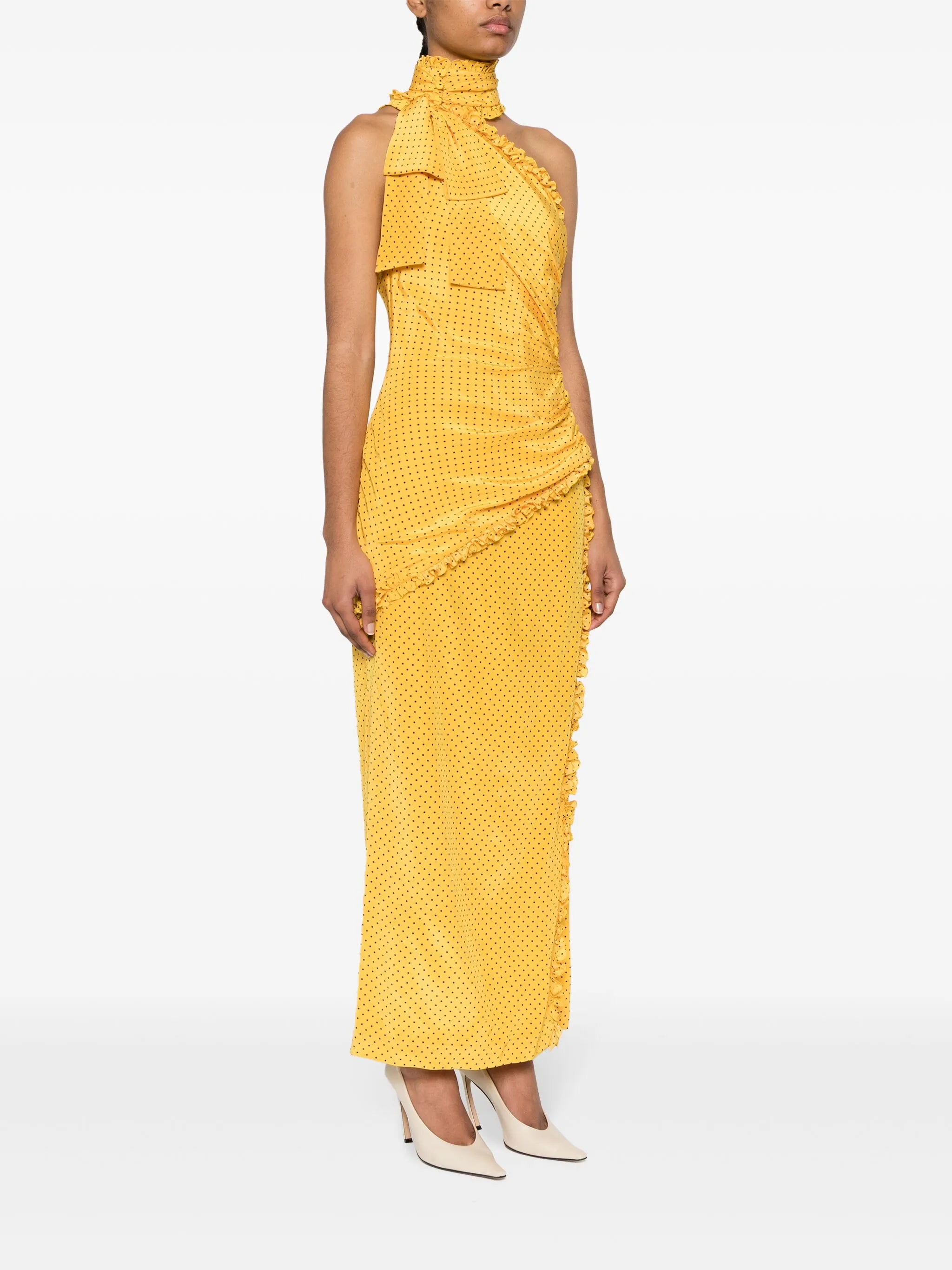 polka-dot frilled maxi dress
